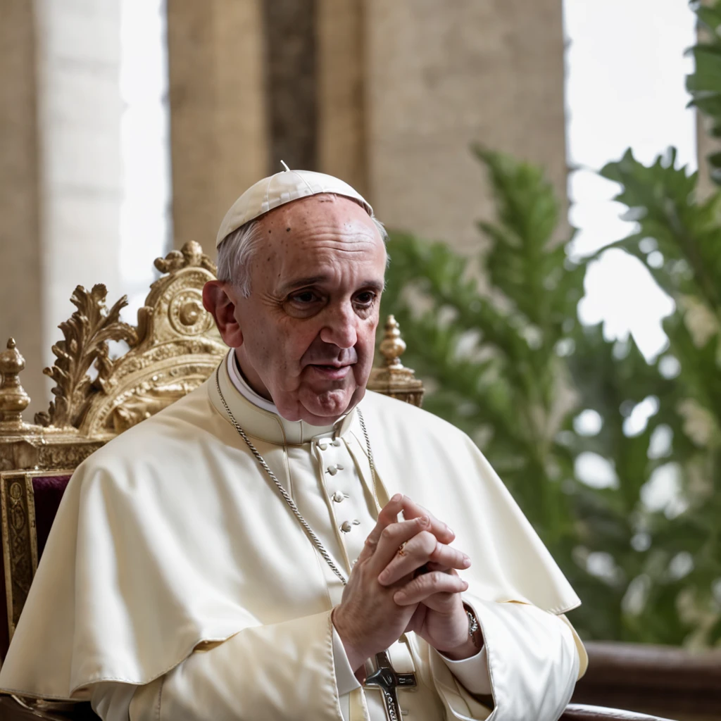 (Professional 3D rendering:1.3) de (Realistic:1.3) (Professional 3D rendering:1.3) de (Realistic:1.3) Pope Francis, engrossed in prayer at the Vatican, his hands clasped, face aglow in the exuberant cinematic lighting, the church's interior adorned with plants, offering a sense of warmth and comfort, every nuance of the scene portrayed with extreme realism