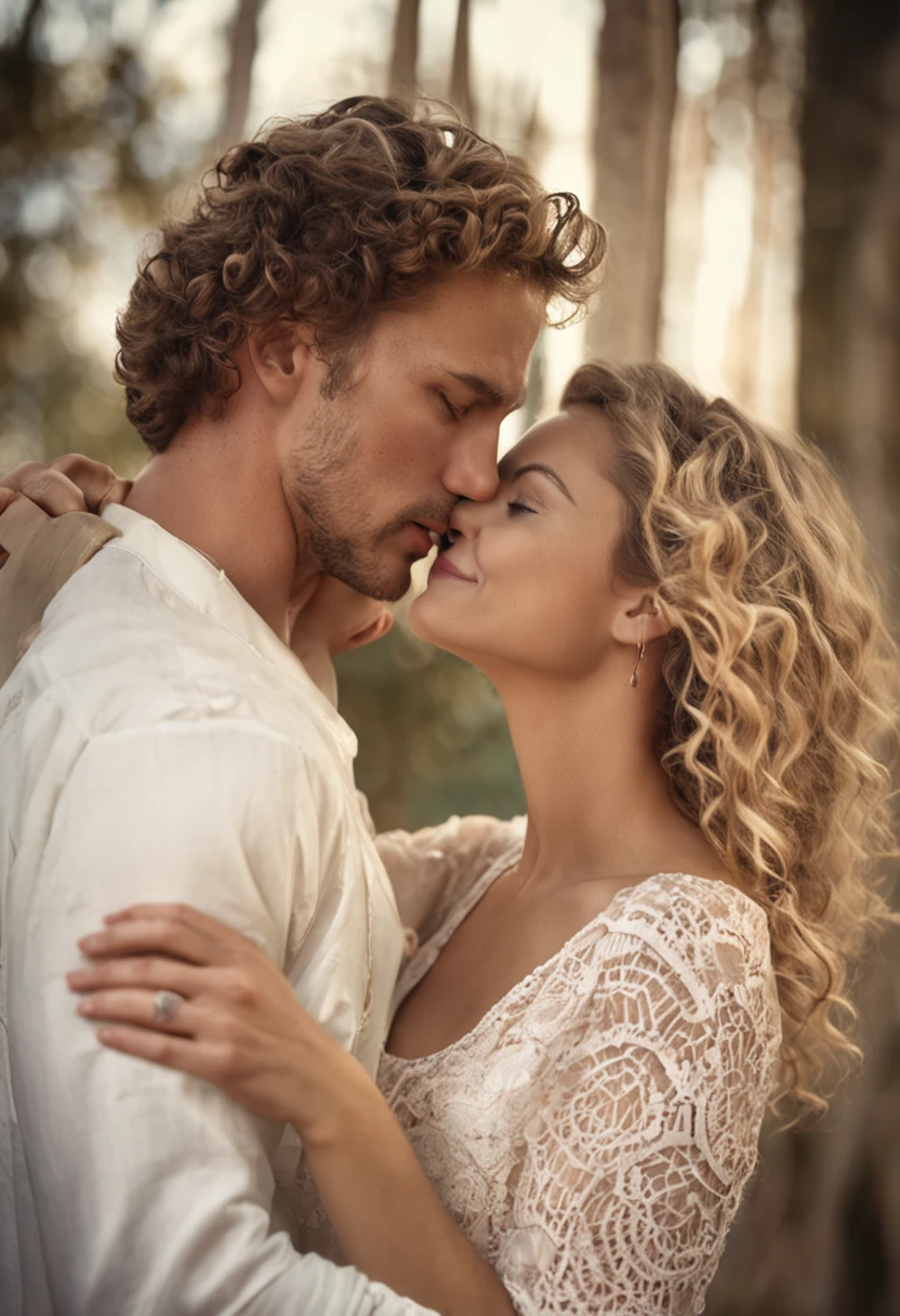 (photographie de couple),(Realistic style),(homme et femme),(relation amoureuse),(expression de tendresse),(sincere emotion),(Romantic decoration),(natural beauty),(softlighting),(fond artistique),(Intimate scene),(nuances de couleurs chaudes),(Attention to detail),(Natural and relaxed pose),(premier quality),(Captivating realism), (Young blonde woman with curly blonde hair, grand sourire, grosse poitrine, Flawless face, perfection, An elegant woman in a beautiful wedding dress), (Detailed model, 300mm, f/2.8, 4k, Wide shot Distant portrait, Park background, volumeric lighting, photographie artistique, anatomie parfaite, Flawless arm, mains parfaites, Detailed hands, visage parfait, corps parfait avec courbes)