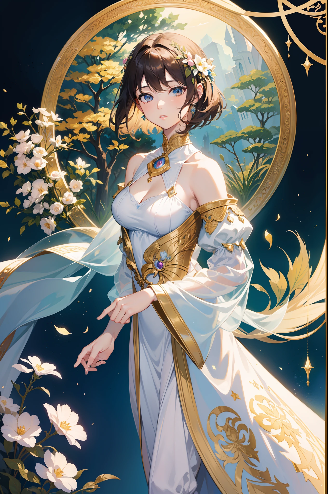 Official Art, Masterpiece European female face,elvish, short hair, lightbrown hair , brown eyes , Flower Frame ,Decorative panel , jugendstil , (​masterpiece、top-quality、hight resolution: 1.4),in 8K, Drawing of a woman with short lightbrown hair, Anime Art Nouveau, highly detailed exquisite fanart, anime fantasy illustration, clean detailed anime art, detailed anime art, Sharp Focus, Delicate Beautiful Hair and Eyes and Face, realisitic, ultra-detailliert, a beauty girl, fairy