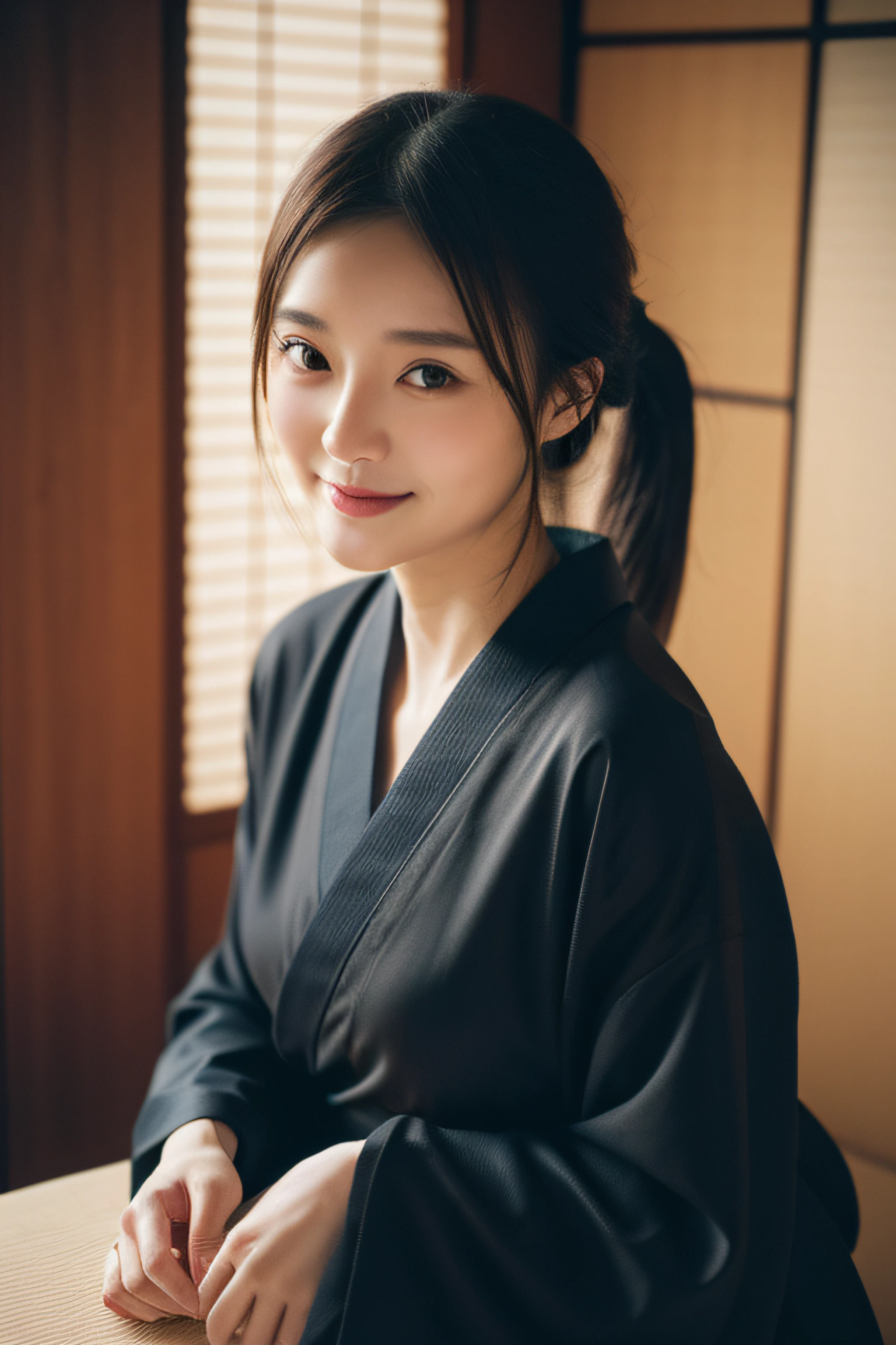 (Photorealsitic:1.4), (Top image quality:1.0), (超A high resolution:1.0), 8K, Raw photography, (​masterpiece:0.2), (pureerosface_v1:0.5)、(Best Quality Detail:1.2)、realisitic、8K UHD、hight resolution、(1girl in:1.2)、The ultra-detailliert、High quality textures、intricate detailes、detaileds、Very detailed CG、High quality shadows、Detail Beautiful delicate face、Detail Beautiful delicate eyes、depth of fields、Ray traching,1girl in, japanaese girl, Cute, slender, (Black kimono:1.3) , Kimono with Japanese pattern,Floral scrunchie, Beautiful skin, Facing the front,Sit down, Sit upright and say thank you,Align your hands elegantly,Smile faintly The Land of Japan,Japanese garden,Luxury Japanese-style room, skyporn, Magic Hour, (Realistic:1.3), Finely detailed, quality, (masutepiece:1.2), (Photorealistic:1.2), (Best Quality), (Intricate details), Dramatic, Ray tracing, photograph, +Lola