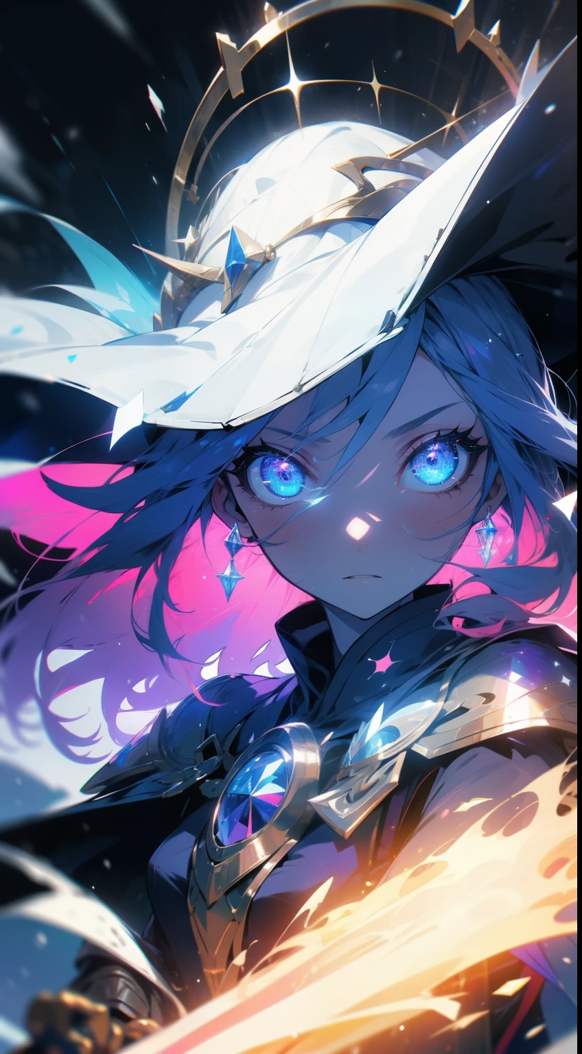 masterpiece, 1girl, armor, spell, mage, witch, scary, glow, particles, stunning, spectral, snow, gorgeous, perfect face, expressive eyes, cute,