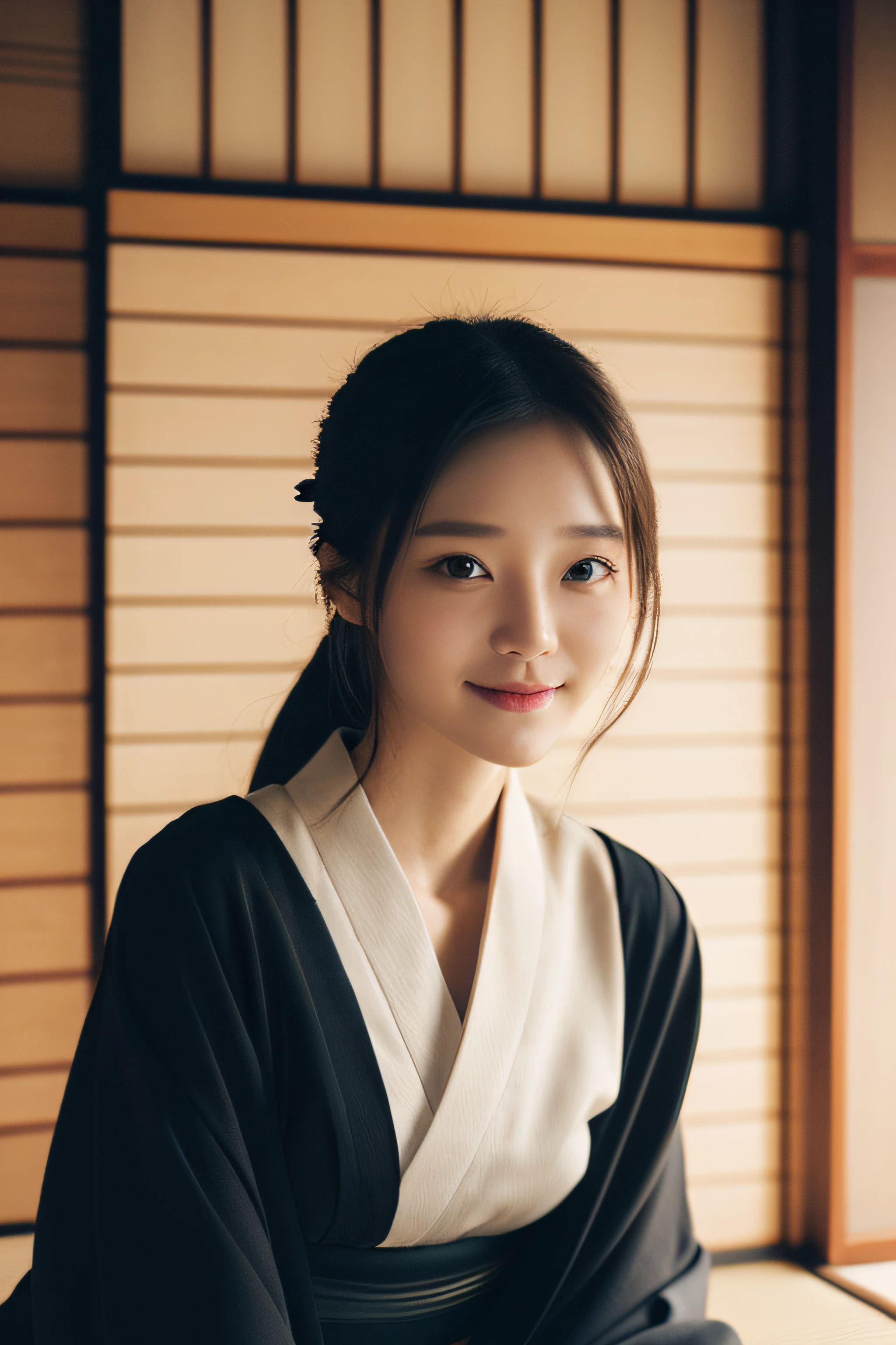 (Photorealsitic:1.4), (Top image quality:1.0), (超A high resolution:1.0), 8K, Raw photography, (masterpiece:0.2), (pureerosface_v1:0.5)、(Best Quality Detail:1.2)、realisitic、8K UHD、hight resolution、(1girl in:1.2)、The ultra-detailliert、High quality textures、intricate detailes、detaileds、Very detailed CG、High quality shadows、Detail Beautiful delicate face、Detail Beautiful delicate eyes、depth of fields、Ray traching,1girl in, japanaese girl, Cute, slender, (Black kimono:1.3) , Kimono with Japanese pattern,Floral scrunchie, Beautiful skin, Facing the front,Sit down, Sit upright and say thank you,Align your hands elegantly,Smile faintly The Land of Japan,Japanese garden,Luxury Japanese-style room, skyporn, Magic Hour, (Realistic:1.3), Finely detailed, quality, (masutepiece:1.2), (Photorealistic:1.2), (Best Quality), (Intricate details), Dramatic, Ray tracing, photograph, +Lola