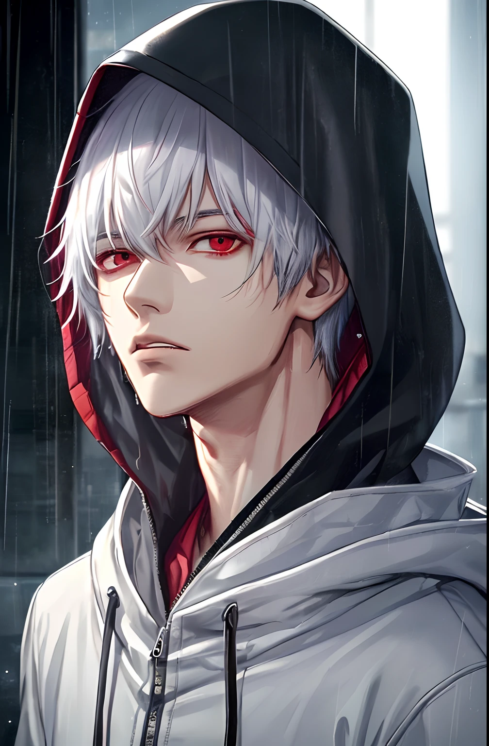 kk, best quality, more details, masterpiece, 1boy, kaneki ken, portrait, male focus, red eyes, solo, bangs, looking at viewer, hood, short hair, rain, tokyo tokyo \(city\), hood up, nail polish, white hair, luxurious, 8k, detailed, ray tracing, depth of field, cinematic lighting,