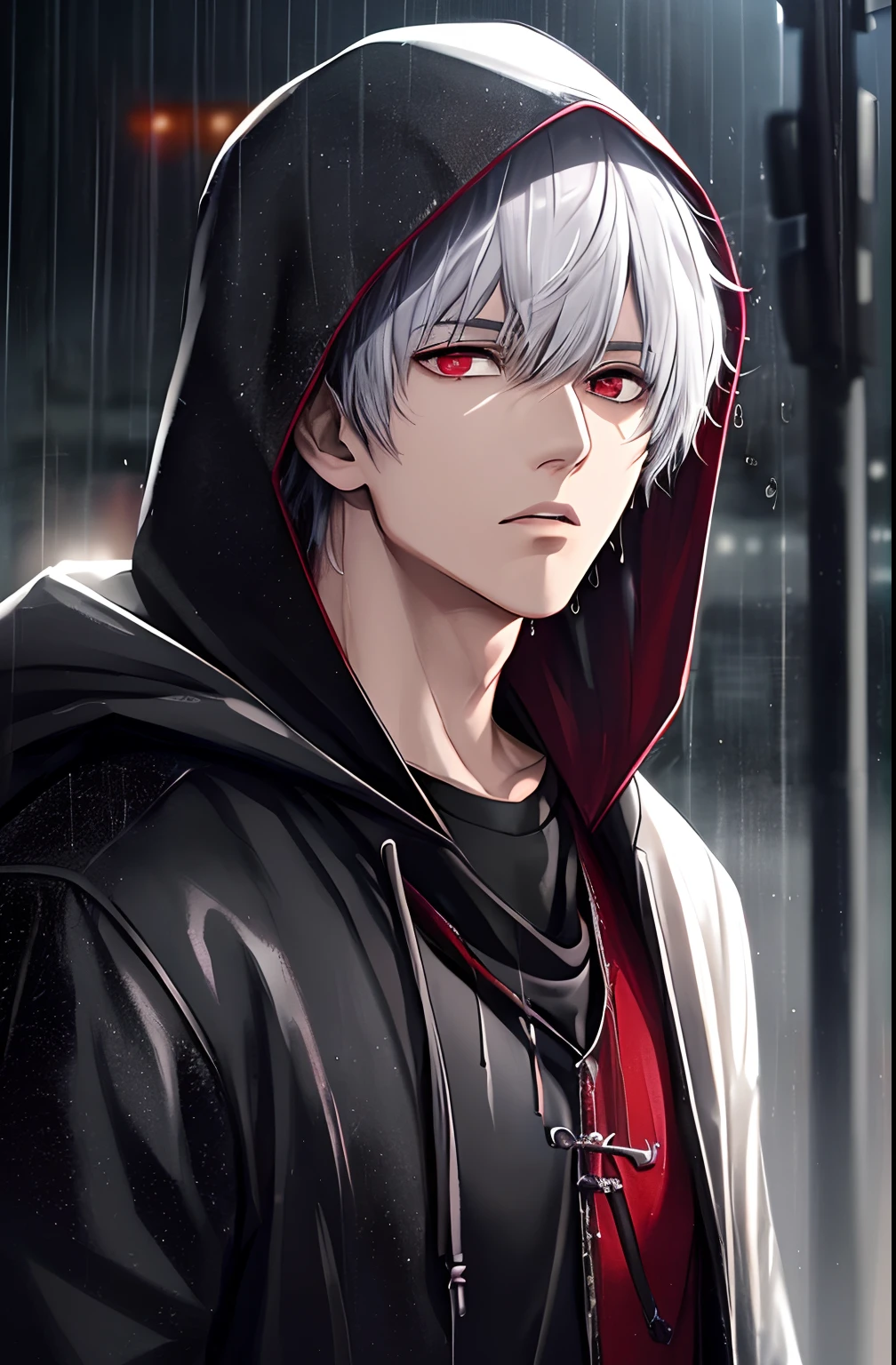 kk, best quality, more details, masterpiece, 1boy, kaneki ken, portrait, male focus, red eyes, solo, bangs, looking at viewer, hood, short hair, rain, tokyo tokyo \(city\), hood up, nail polish, white hair, luxurious, 8k, detailed, ray tracing, depth of field, cinematic lighting,