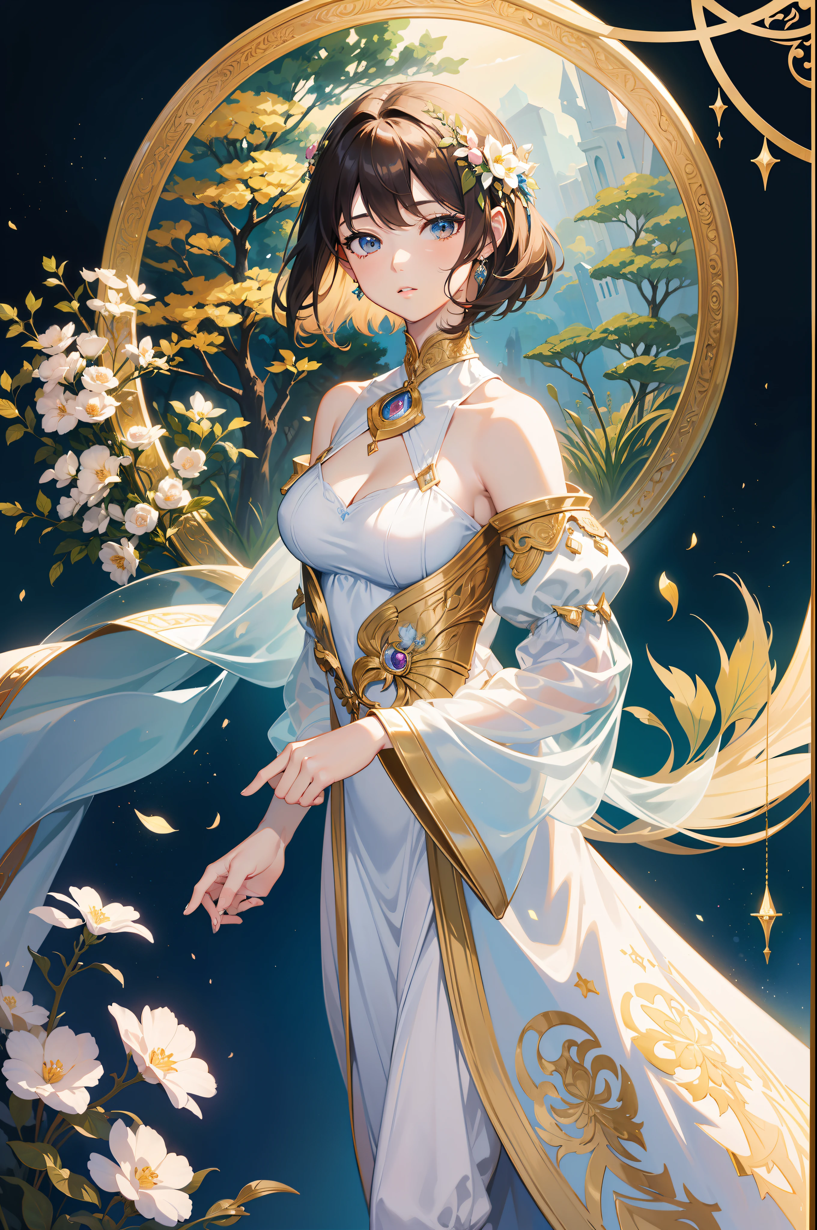 Official Art, Masterpiece European female face,elvish, short hair, lightbrown hair , brown eyes , Flower Frame ,Decorative panel , jugendstil , (masterpiece、top-quality、hight resolution: 1.4),in 8K, Drawing of a woman with short lightbrown hair, Anime Art Nouveau, highly detailed exquisite fanart, anime fantasy illustration, clean detailed anime art, detailed anime art, Sharp Focus, Delicate Beautiful Hair and Eyes and Face, realisitic, ultra-detailliert, a beauty girl, fairy