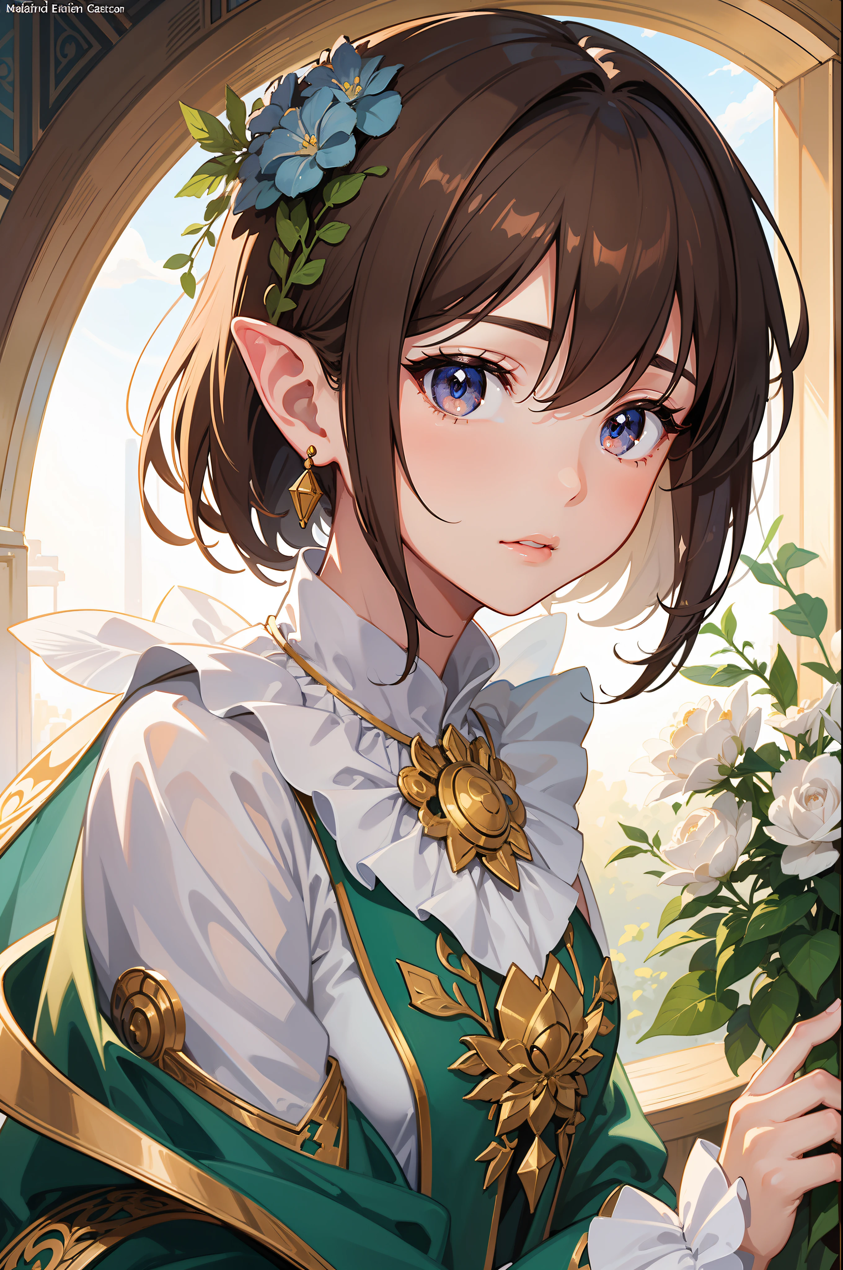 Official Art, Masterpiece European female face,elvish, short hair, lightbrown hair , brown eyes , Flower Frame ,Decorative panel , jugendstil , (masterpiece、top-quality、hight resolution: 1.4),in 8K, Drawing of a woman with short lightbrown hair, Anime Art Nouveau, highly detailed exquisite fanart, anime fantasy illustration, clean detailed anime art, detailed anime art, Sharp Focus, Delicate Beautiful Hair and Eyes and Face, realisitic, ultra-detailliert, a beauty girl, fairy