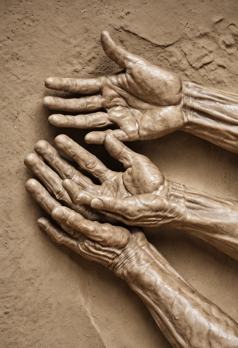 "Por favor, create an ultra-detailed and realistic picture of God's hands creating man, como retratado na famosa pintura de Michelangelo na Capela Sistina. Focus exclusively on the hands, capturando cada nuance, texture and expression as God reaches out his hand to give life to man made of sand and earth. highlight the muscles, veias, wrinkles and all the anatomical details, maintaining an aesthetic faithful to the original work. The emphasis should be on the representation of creation and the symbolism of this iconic moment."