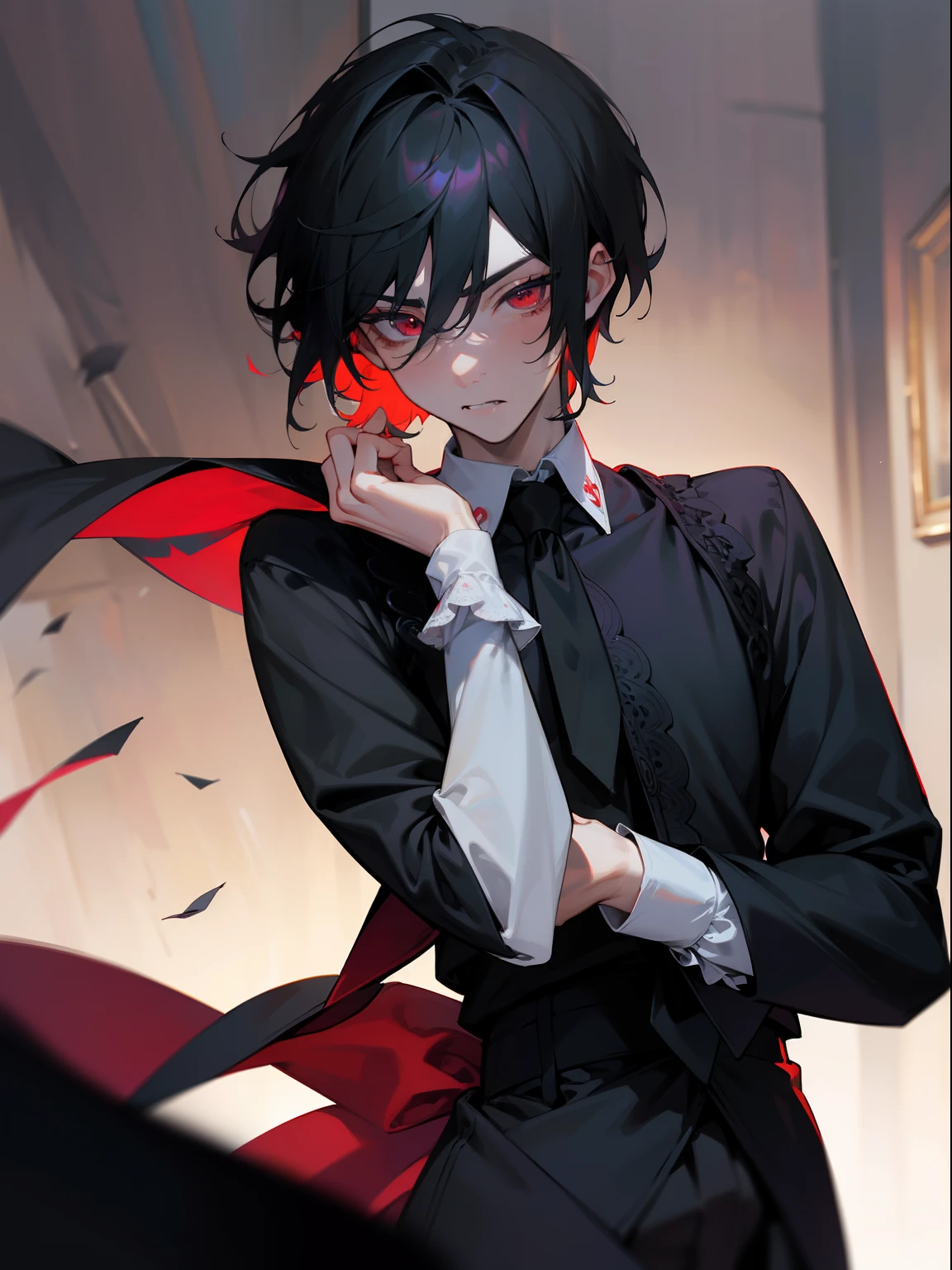 (masterpiece, best quality), intricate details, 8k, sharp focus, (best quality) (detailed skin:1.3) (intricate details) (8k) (detailed eyes) (anime) male character, short hair, short front of hair, black hair, red eyes, male, anime male, frontage, lovely boy, perfect face, detailed eyes, bold background, detailed accessories, unique outfit, sharp eyes, male, young man, idol, dark colours, pale skin, vampire, fangs, defined features, model, Sakuma Ritsu, comfortable clothes, dark room, cluttered room, indoors, detailed background, bold colours, sharp face, nighttime, night, pose, handsome, sleepy, tired, droopy eyes, male, pout, tsundere, posing, interacting with background, cluttered background, baggy outfit, darkness, dull, lace shirt, ruffled shirt, dark circles, white shirt, necktie, young, vintage clothing, ribbon, spoilt, affluent, regal, white cotton shirt, light coloured clothing