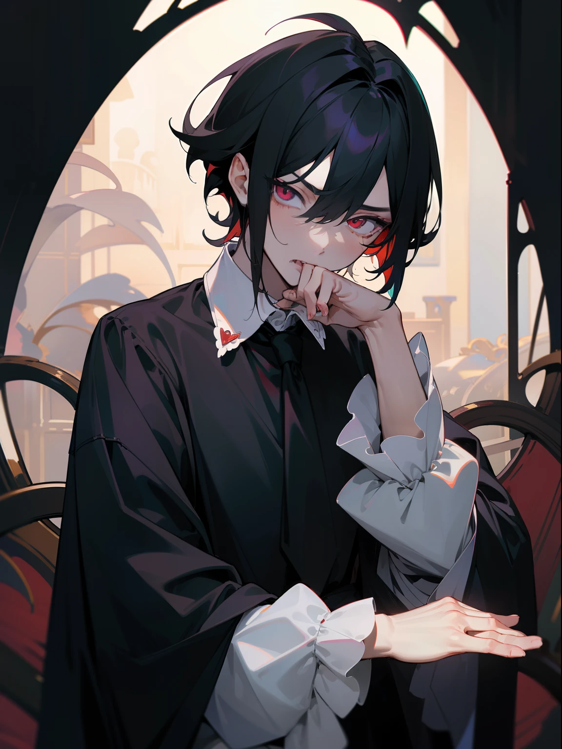 (masterpiece, best quality), intricate details, 8k, sharp focus, (best quality) (detailed skin:1.3) (intricate details) (8k) (detailed eyes) (anime) male character, short hair, short front of hair, black hair, red eyes, male, anime male, frontage, lovely boy, perfect face, detailed eyes, bold background, detailed accessories, unique outfit, sharp eyes, male, young man, idol, dark colours, pale skin, vampire, fangs, defined features, model, Sakuma Ritsu, comfortable clothes, dark room, cluttered room, indoors, detailed background, bold colours, sharp face, nighttime, night, pose, handsome, sleepy, tired, droopy eyes, male, pout, tsundere, posing, interacting with background, cluttered background, baggy outfit, darkness, dull, lace shirt, ruffled shirt, dark circles, white shirt, necktie, young, vintage clothing, ribbon, spoilt, affluent, regal, white cotton shirt, light coloured clothing