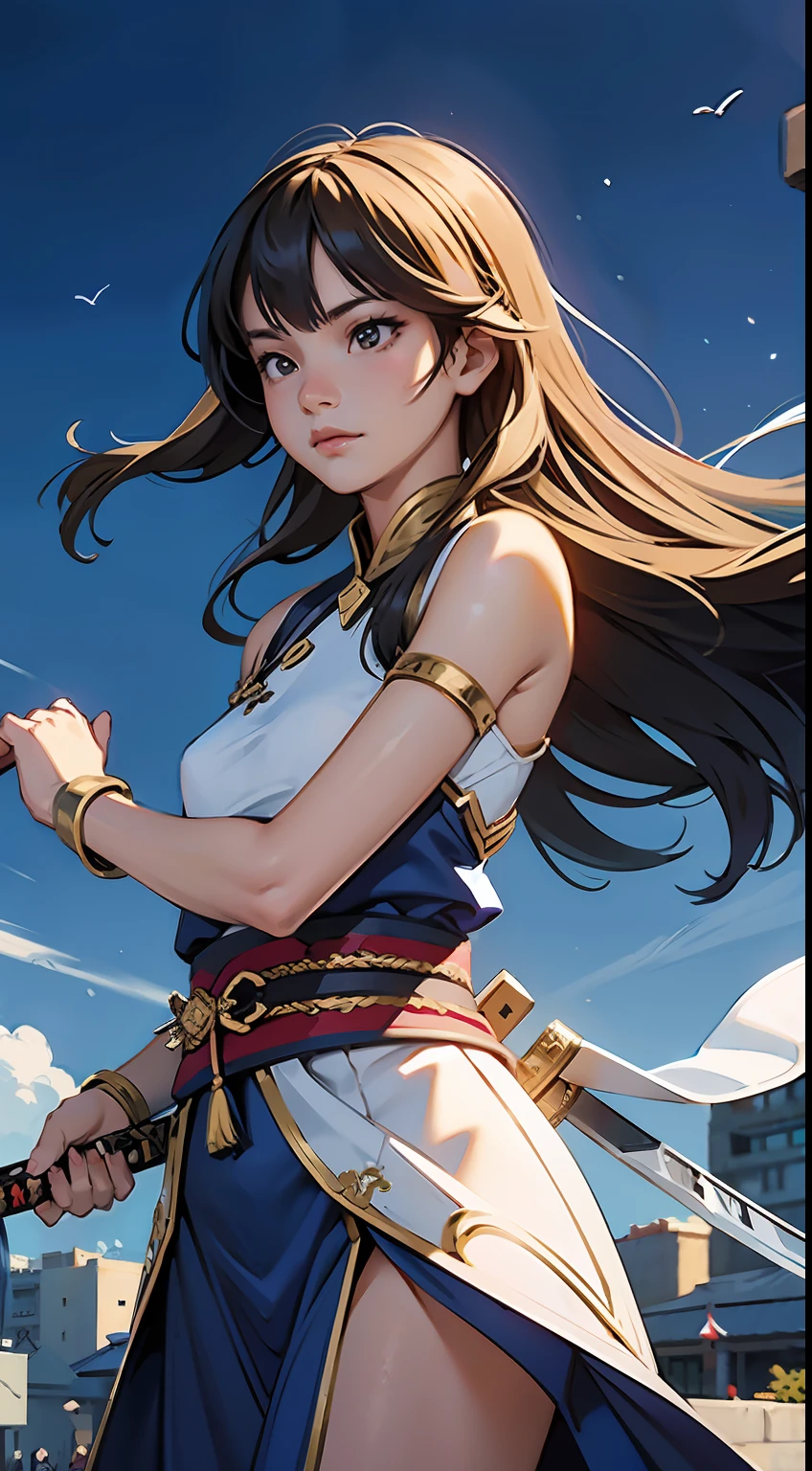 A beauty, Floating in the air, 1girl,(He was surrounded by twenty golden swords:1.3),The background is the sky above the city.Unlimited sword system, Tyndall effect, Glow effects, in the style of anime art, Romantic graffiti, Meticulous, Realistic pop music, neo-fauvism, order, 8K,(Ancient Chinese cold weapon_sword1.3).