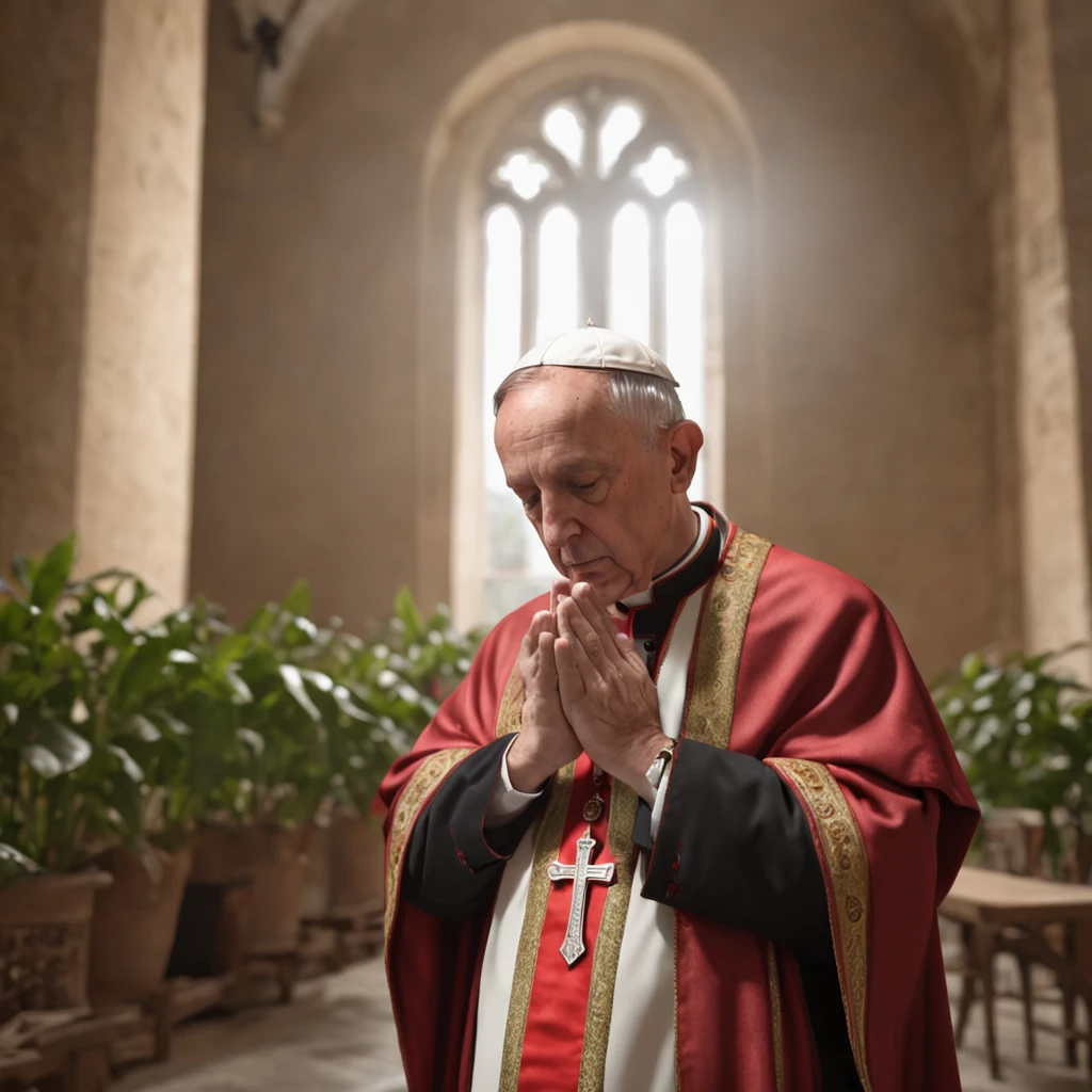 (Professional 3D rendering:1.3) de (Realistic:1.3) (Professional 3D rendering:1.3) de (Realistic:1.3) Papa Francisco, absorbed in prayer in the Vatican, His hands clasped, Burning face in lush cinematic lighting, o interior da igreja adornado com plantas, offering a sense of warmth and comfort, cada nuance da cena retratada com extremo realismo