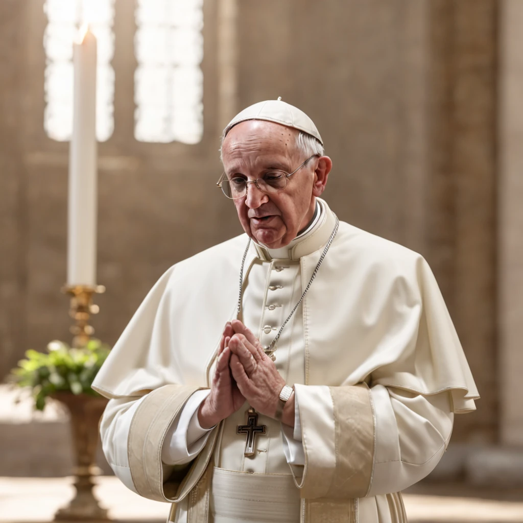 (Professional 3D rendering:1.3) de (Realistic:1.3) (Professional 3D rendering:1.3) de (Realistic:1.3) Papa Francisco, absorbed in prayer in the Vatican, His hands clasped, Burning face in lush cinematic lighting, o interior da igreja adornado com plantas, offering a sense of warmth and comfort, cada nuance da cena retratada com extremo realismo