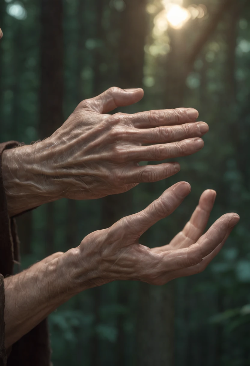 I just want the hands, Hands of Jesus, detailed hands, detailed skin, front, forest background, luminism, bar lighting, complex. These hands are creating the man, with detail, coming from arreai, face detail, this 4k resolution concept artist portrait by Greg Rutkowski, Artgerm, WLOP, Alphonse Mucha, little realistic gothic pojatti fusion, bioluminescent fractal isometric details: a stunning realistic photograph 30 years