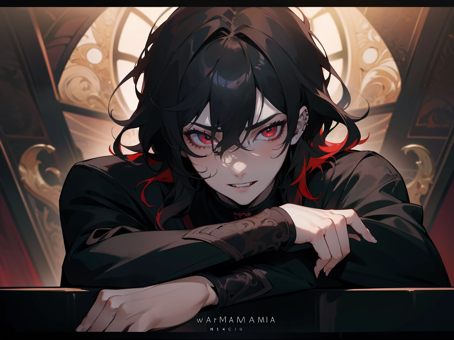 (masterpiece, best quality), intricate details, 8k, sharp focus, (best quality) (detailed skin:1.3) (intricate details) (8k) (detailed eyes) (anime) male character, wavy hair, mullet, short hair, black hair, red eyes, male, anime male, frontage, lovely boy, perfect face, detailed eyes, bold background, detailed accessories, unique outfit, sharp eyes, male, young man, idol, dark colours, piercings, pale skin, vampire, fangs, defined features, model, Rei Sakuma, Sakuma Rei, gothic, symbolism, sexy, dark clothes, dark room, muscular, cluttered room, indoors, detailed background, bold colours, bold outlines, sharp face, nighttime, night, hot, handsome, full body artwork, sexy pose, muscles