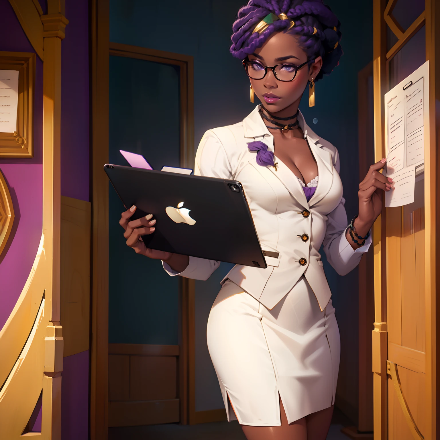 "A stunning African woman with a white formal shirt, a short mini skirt, and a captivating display of cleavage. She wears reading glasses and has a stylish purple braided Afro hairstyle. Completing her look, she holds a ipad."