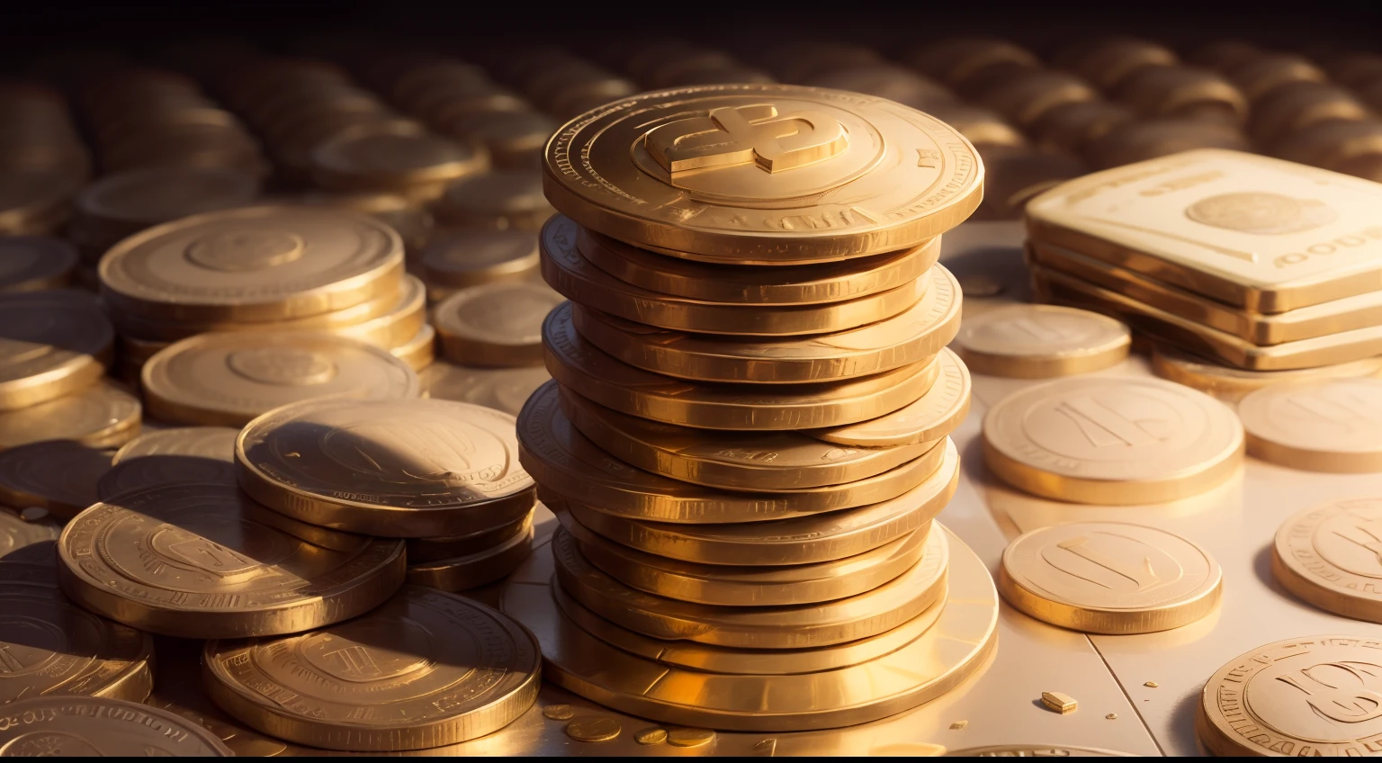 pile of coins, bundles of banknotes and gold bars