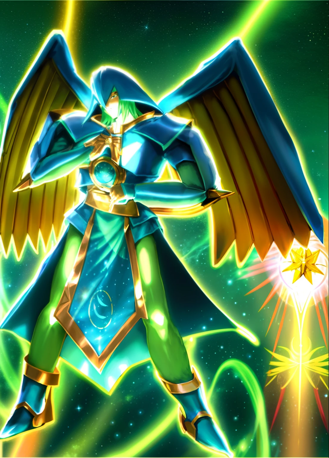 Personaje de anime con alas y un ojo verde en un espacio, galactic deity, Dios del tiempo y el espacio, Angemon L sentado en el Lanzado, cosmic horror entity with wings, inspirado en Aquirax Uno, Metatron, Forma humanoide, Estilo Yugioh, Wizard The Ascension, clothed in ethereal battle armor, Estilo de arte Yugioh
