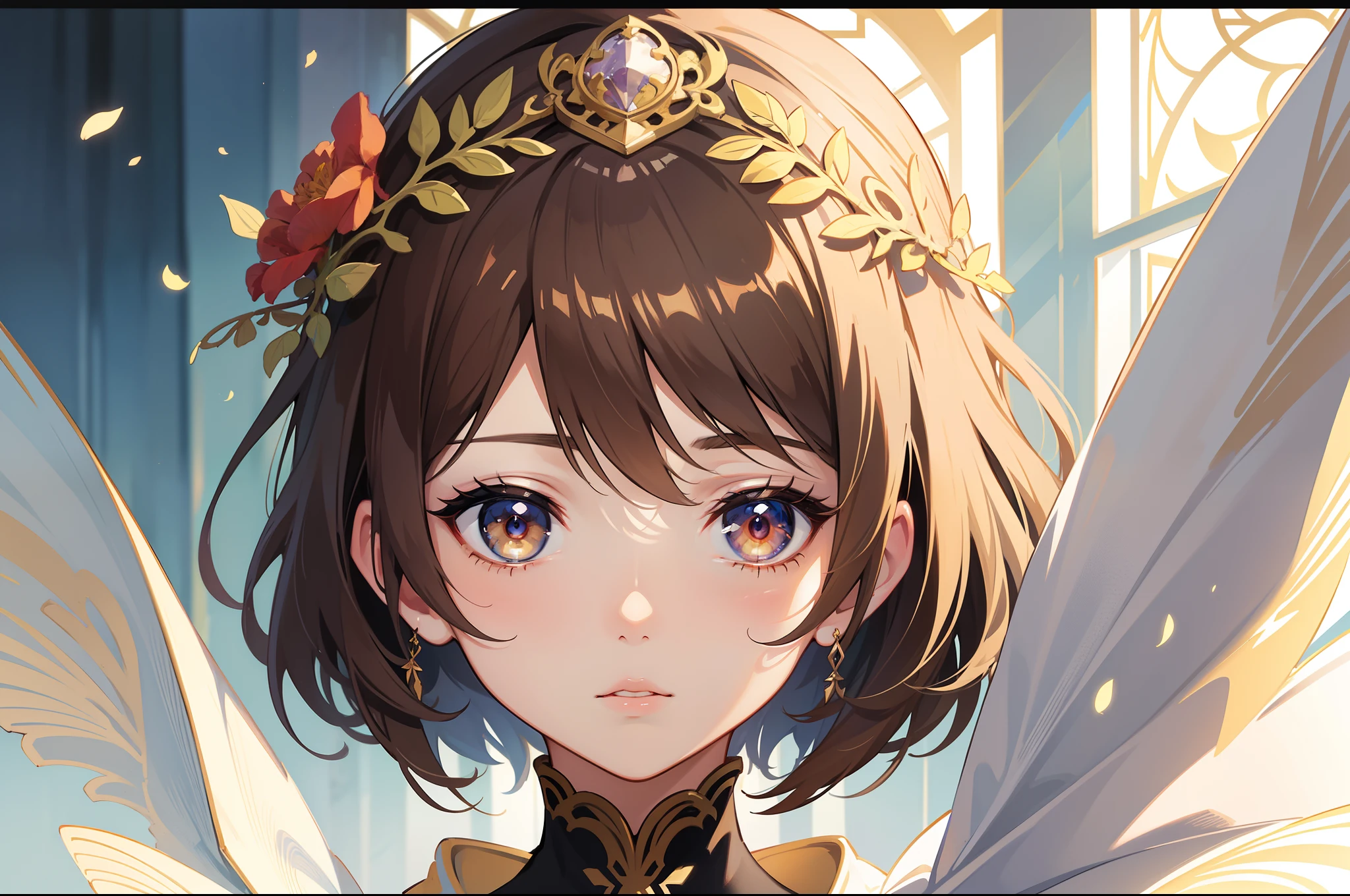 Official Art, Masterpiece European female face,elvish, short hair, lightbrown hair , brown eyes , Flower Frame ,Decorative panel , jugendstil , (masterpiece、top-quality、hight resolution: 1.4),in 8K, Drawing of a woman with short lightbrown hair, Anime Art Nouveau, highly detailed exquisite fanart, anime fantasy illustration, clean detailed anime art, detailed anime art, Sharp Focus, Delicate Beautiful Hair and Eyes and Face, realisitic, ultra-detailliert, a beauty girl