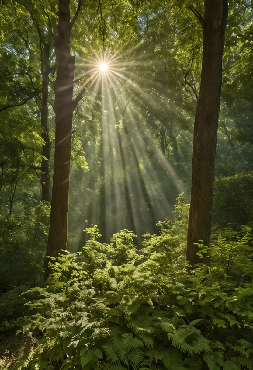 "Please create a stunning, richly detailed image that depicts the moment of creation in which God as rays of divine light permeate the scene, illuminating creation in a heavenly manner. In the background, insert a lush forest, where majestic trees intertwine and Lush foliage creates an atmosphere of power. The light in the forest setting should be soft, filtering through the leaves and conveying a sense of tranquility and life. The image should capture both the divine grandeur and the humbleness of human creation, all in one style realistic that underscores both the magic and beauty of the scene."