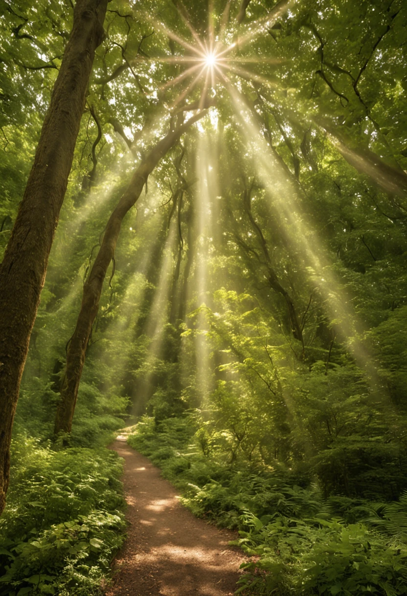 "Please create a stunning, richly detailed image that depicts the moment of creation in which God as rays of divine light permeate the scene, illuminating creation in a heavenly manner. In the background, insert a lush forest, where majestic trees intertwine and Lush foliage creates an atmosphere of power. The light in the forest setting should be soft, filtering through the leaves and conveying a sense of tranquility and life. The image should capture both the divine grandeur and the humbleness of human creation, all in one style realistic that underscores both the magic and beauty of the scene."
