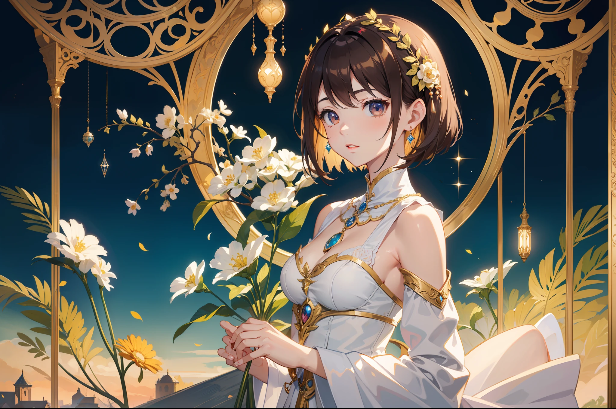 Official Art, Masterpiece European female face,elvish, short hair, lightbrown hair , brown eyes , Flower Frame ,Decorative panel , jugendstil , (masterpiece、top-quality、hight resolution: 1.4),in 8K, Drawing of a woman with short lightbrown hair, Anime Art Nouveau, highly detailed exquisite fanart, anime fantasy illustration, clean detailed anime art, detailed anime art, Sharp Focus, Delicate Beautiful Hair and Eyes and Face, realisitic, ultra-detailliert, a beauty girl,