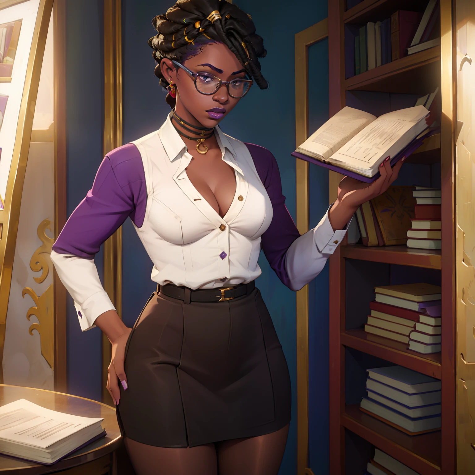 "A stunning African woman with a white formal shirt, a short mini skirt, and a captivating display of cleavage. She wears reading glasses and has a stylish purple braided Afro hairstyle. Completing her look,holding books"