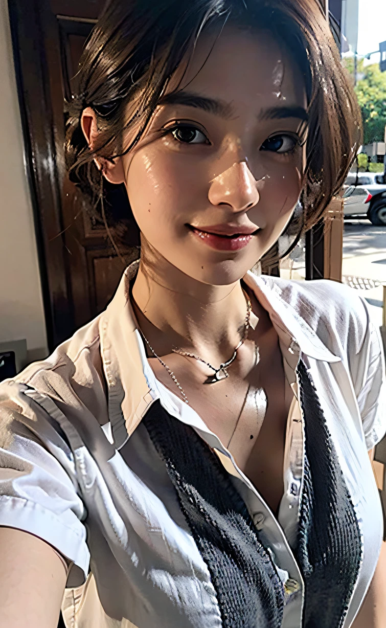 top-quality、超A high resolution、(Photorealsitic:1.4)、(Details Beautiful Girl:1.4)、(mideum breasts:0.8)、up looking、detailed face details、beatiful detailed eyes、There are highlights in the eyes、haunting smile、Very detailed clothes、Moisturizes skin,masterpiece:1.3、foco nítido:1.2、1 girl、the chest is medium,、Wet hair、wetted skin、Sunburn marks、detailed beautiful faces、large dark brown eyes、brown haired、Mens wearing white business shirt、cute little、22year old、the pose、length hair、Look at viewers、Little smile,profetional lighting、physically-based renderingt。
