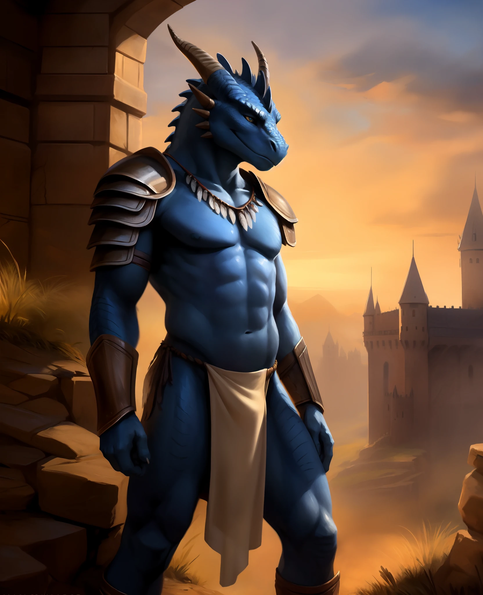 uploaded on e621, (male anthro dragon), standing, solo, muscle, detailed scale texture, old castle, (battlefield), (tribal clothing, ((long loincloth))), (shoulder armor, leg armor), blue body, white belly, dawn, shaded, dim environment, (front view), looking pleasured, [simple background], detailed eyes, masterpiece artwork, caustics, rim lighting, single light source, sharp shadows, solo portrait, (digitgrade, toe claw), (realistic, photorealistic, hyper realistic, ultra detailed), by kenket, chunie