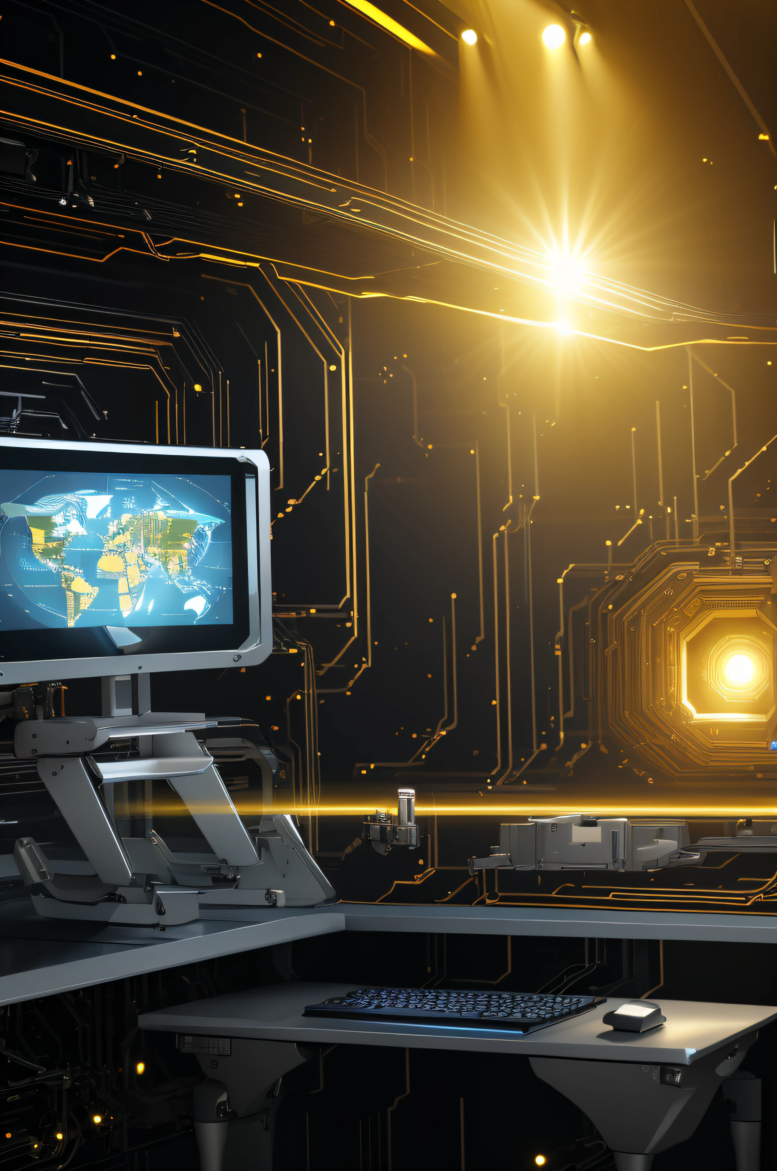 imagem super realista, Ambiente da Bolsa de Valores, many computers showing asset quotes, em vez de pessoas, a machine simulating an artificial intelligence supervising the entire system with a golden background mirroring the rays of light in the environment