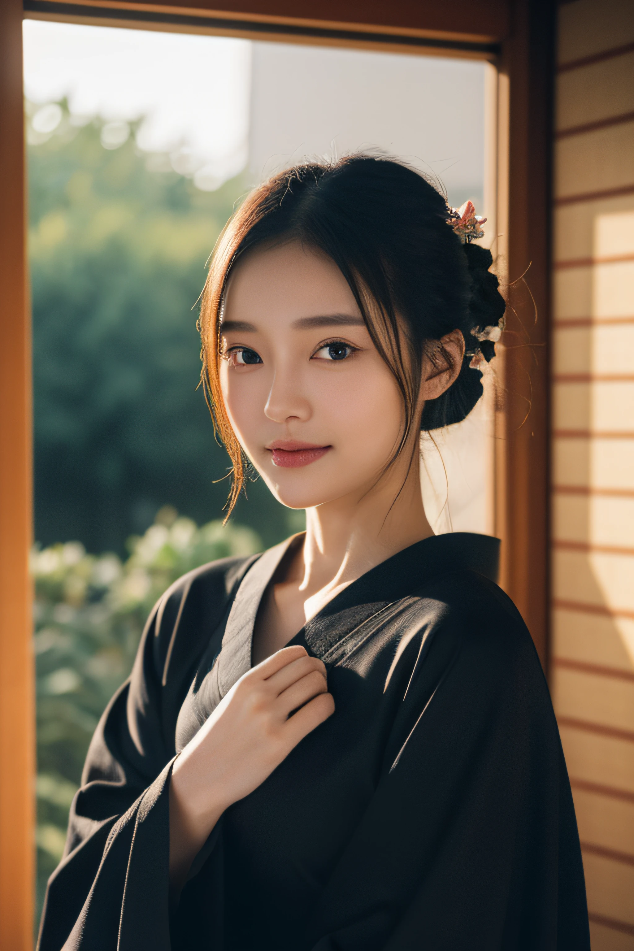 (Photorealsitic:1.4), (Top image quality:1.0), (超A high resolution:1.0), 8K, Raw photography, (masterpiece:0.2), (pureerosface_v1:0.5)、(Best Quality Detail:1.2)、realisitic、8K UHD、hight resolution、(1girl in:1.2)、The ultra-detailliert、High quality textures、intricate detailes、detaileds、Very detailed CG、High quality shadows、Detail Beautiful delicate face、Detail Beautiful delicate eyes、depth of fields、Ray traching,1girl in, japanaese girl, Cute, slender, (Black kimono:1.3) , Kimono with Japanese pattern,Floral scrunchie, Beautiful skin, Facing the front,Sit down, Sit upright and say thank you,Align your hands elegantly,Smile faintly The Land of Japan,Japanese garden,Luxury Japanese-style room, skyporn, Magic Hour, (Realistic:1.3), Finely detailed, quality, (masutepiece:1.2), (Photorealistic:1.2), (Best Quality), (Intricate details), Dramatic, Ray tracing, photograph, +Lola