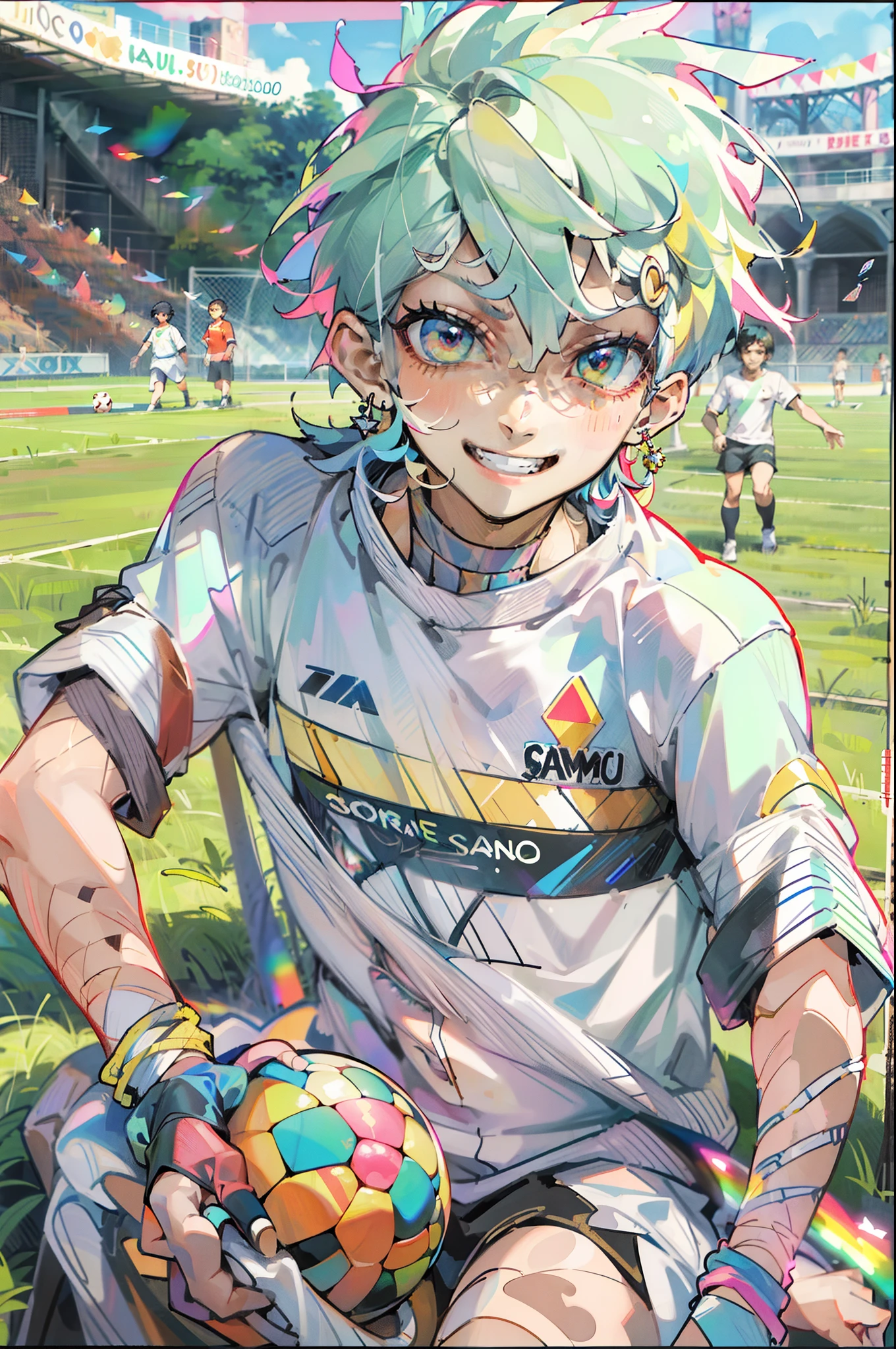 (obra-prima, melhor qualidade: 1.2),solo, foco masculino, 1boy, bachira meguru, sorriso, olhando para o espectador, roupas esportivas, campo de futebol,diamond, multicolored hair, multicolored eyes