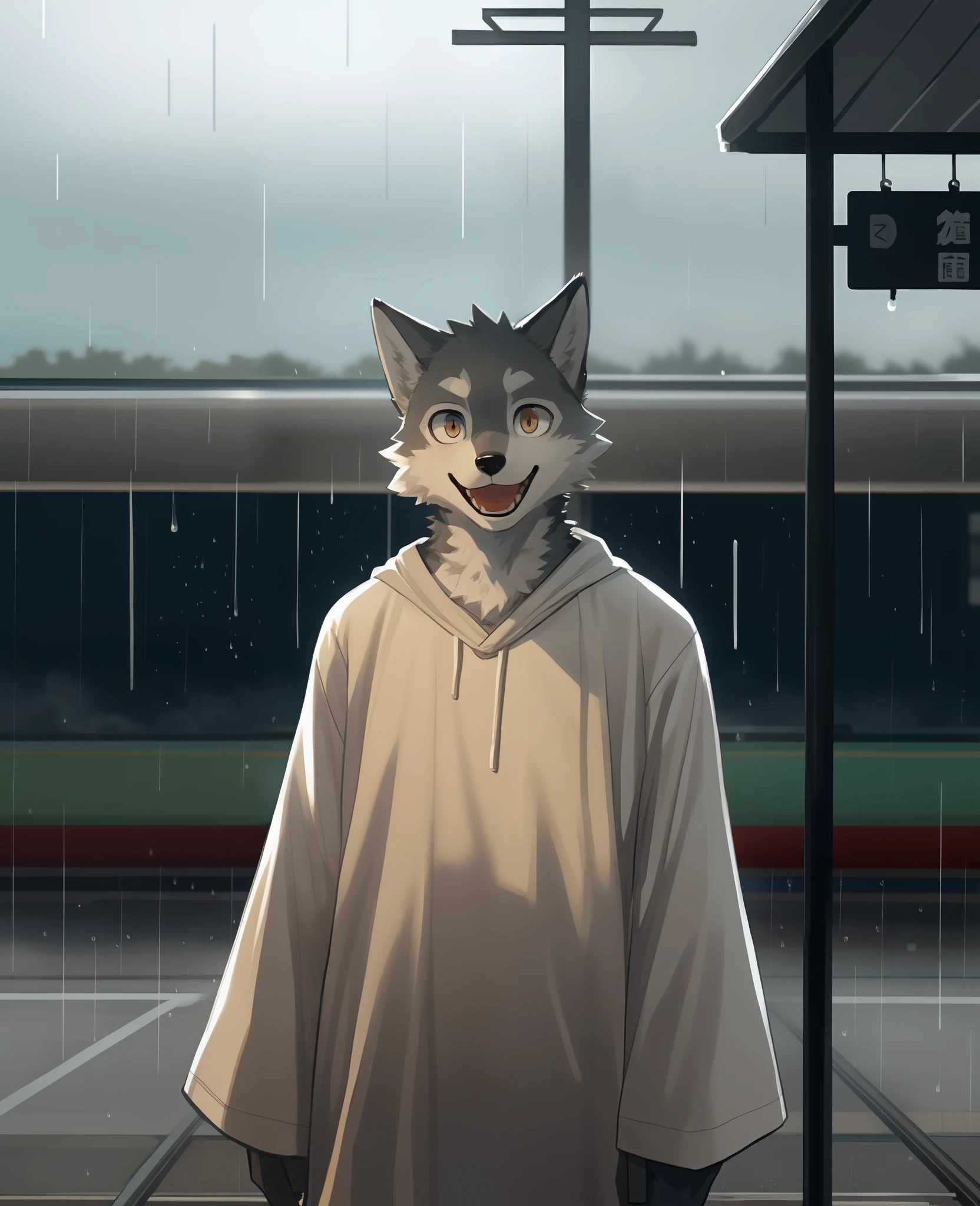 masterpiece, best quality, perfect anatomy, bright eyes, watery eyes, by milkytiger1145, by k0bit0wani, furry, wolf, (felis:0.25), male, solo, baggy clothing, (open smile:1.1), gentle, looking at viewer, train station, rain, (waterdrop:0.9), grey sky, raining, (fog:0.4)