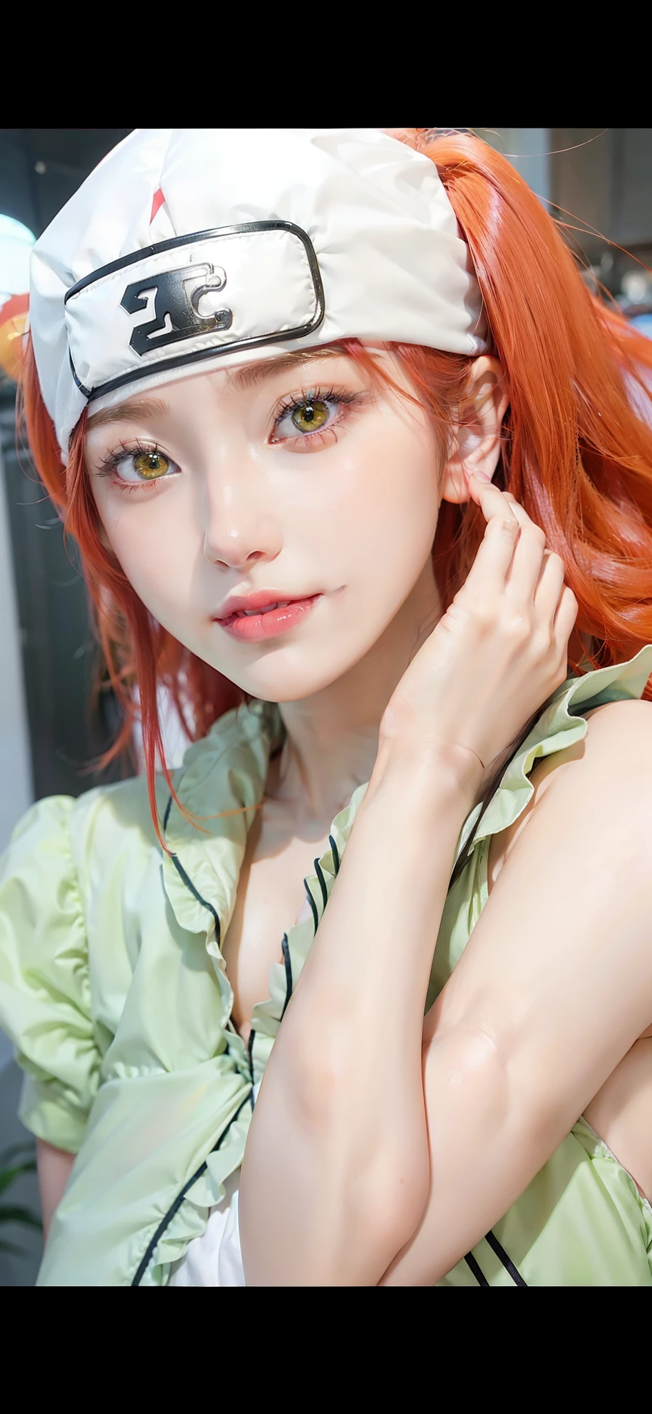 1girl, girl in anime naruto, long hair, sexy dress, red hair, yellow eyes, smile, beautiful, white and green clothes, very big breast, sexy clothes, realistic clothes, detail clothes, indoor background, ultra detail, realistic