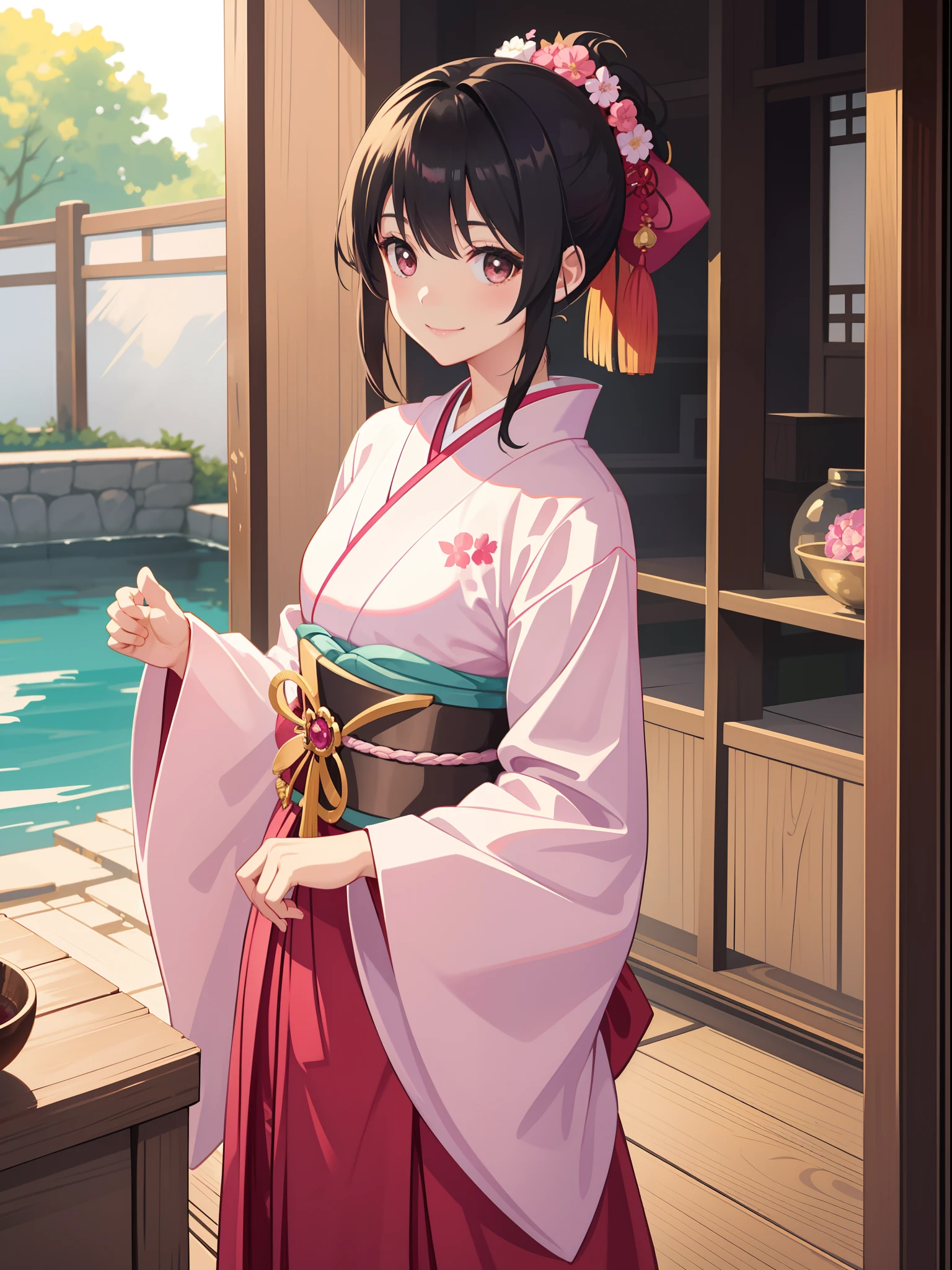 1girl in、A smile、A delightful! Taisho period in Japan、Pink kimono、Hakama、(small tits)