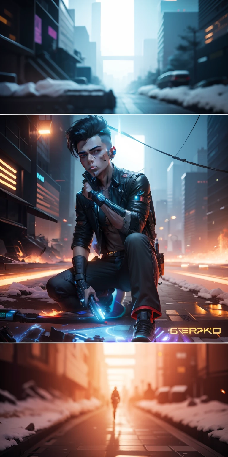Change background cyberpunk handsome boy realistic face. 8k Ultra realistic. With gun