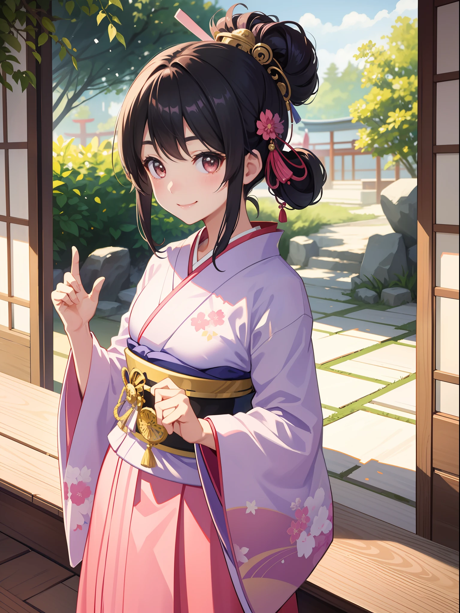 1girl in、A smile、A delightful! Taisho period in Japan、Pink kimono、Hakama、(small tits)
