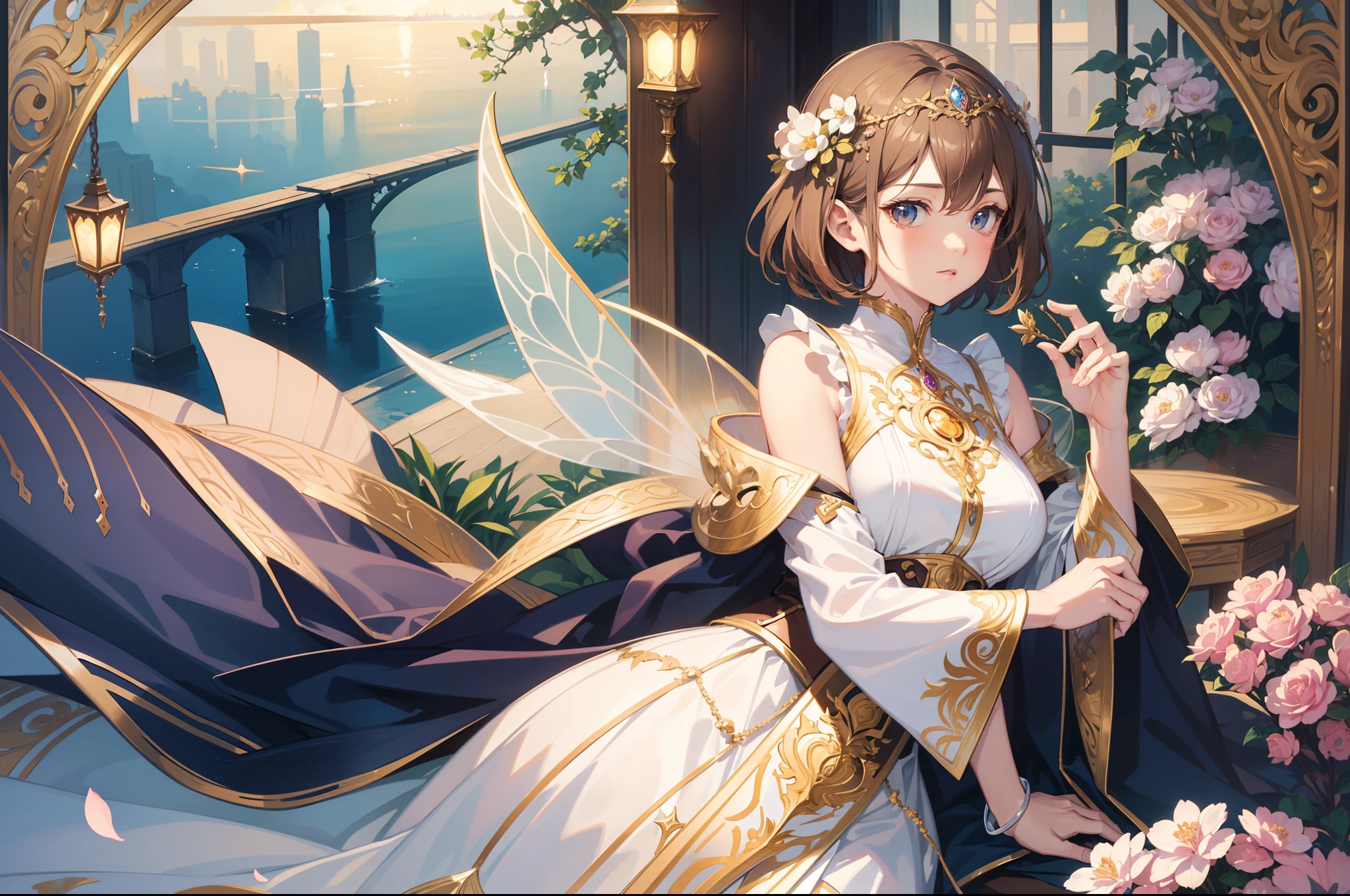 Official Art, Masterpiece European female face,elvish, short hair, lightbrown hair , brown eyes , Flower Frame ,Decorative panel , jugendstil , (masterpiece、top-quality、hight resolution: 1.4),in 8K, Drawing of a woman with short lightbrown hair, Anime Art Nouveau, highly detailed exquisite fanart, anime fantasy illustration, clean detailed anime art, detailed anime art, Sharp Focus, Delicate Beautiful Hair and Eyes and Face, realisitic, ultra-detailliert, a beauty girl, fairy