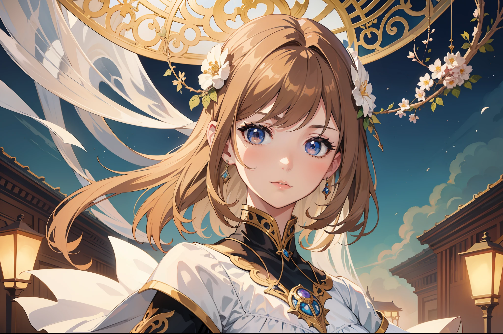 Official Art, Masterpiece European female face,elvish, short hair, lightbrown hair , brown eyes , Flower Frame ,Decorative panel , jugendstil , (​masterpiece、top-quality、hight resolution: 1.4),in 8K, Drawing of a woman with short lightbrown hair, Anime Art Nouveau, highly detailed exquisite fanart, anime fantasy illustration, clean detailed anime art, detailed anime art, Sharp Focus, Delicate Beautiful Hair and Eyes and Face, realisitic, ultra-detailliert, a beauty girl, fairy