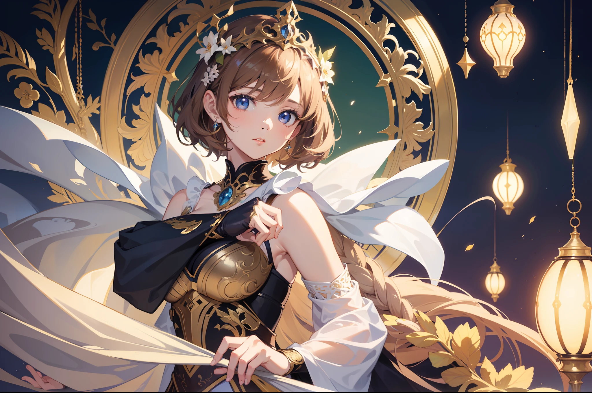 Official Art, Masterpiece European female face,elvish, short hair, lightbrown hair , brown eyes , Flower Frame ,Decorative panel , jugendstil , (​masterpiece、top-quality、hight resolution: 1.4),in 8K, Drawing of a woman with short lightbrown hair, Anime Art Nouveau, highly detailed exquisite fanart, anime fantasy illustration, clean detailed anime art, detailed anime art, Sharp Focus, Delicate Beautiful Hair and Eyes and Face, realisitic, ultra-detailliert, a beauty girl, fairy