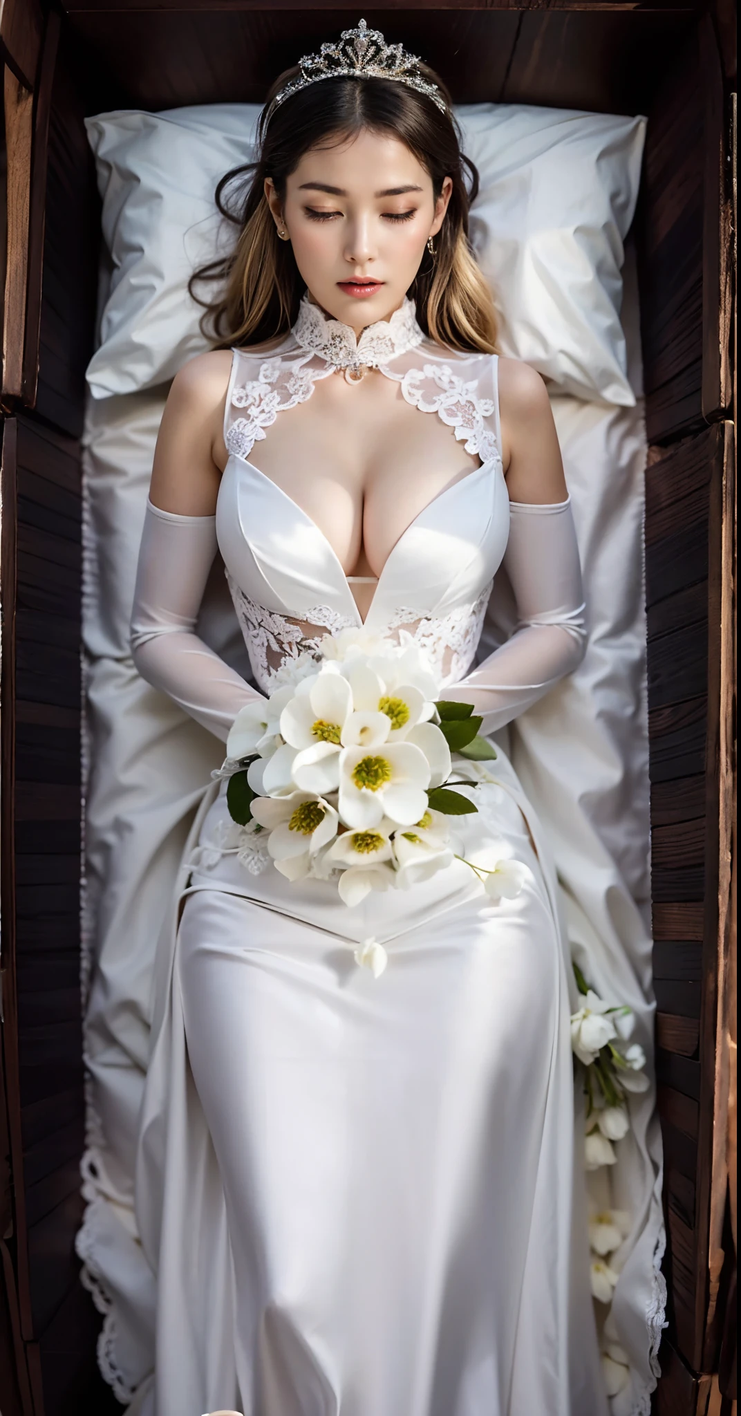 1girl, solo, wooden casket, girl sleep in casket, girl laying in casket, eyes closed, closed mouth,(interlocked_fingers:0.961), (own_hands_together:0.971), (straight:0.971), (own_hands_clasped:0.961), (absolute cleavage), straight body, straight legs, big boobs, round breasts, (full body viewed), (sexy breast), (sexy cleavage), (around the casket is a wreath of flowers), (((black hair))), ((blonde hair)), ((wearing a white suspender with a V-neckline wedding dress with flower-shape lace and long sleeves)), ((maid dress)), ((long dress)), head on pillow