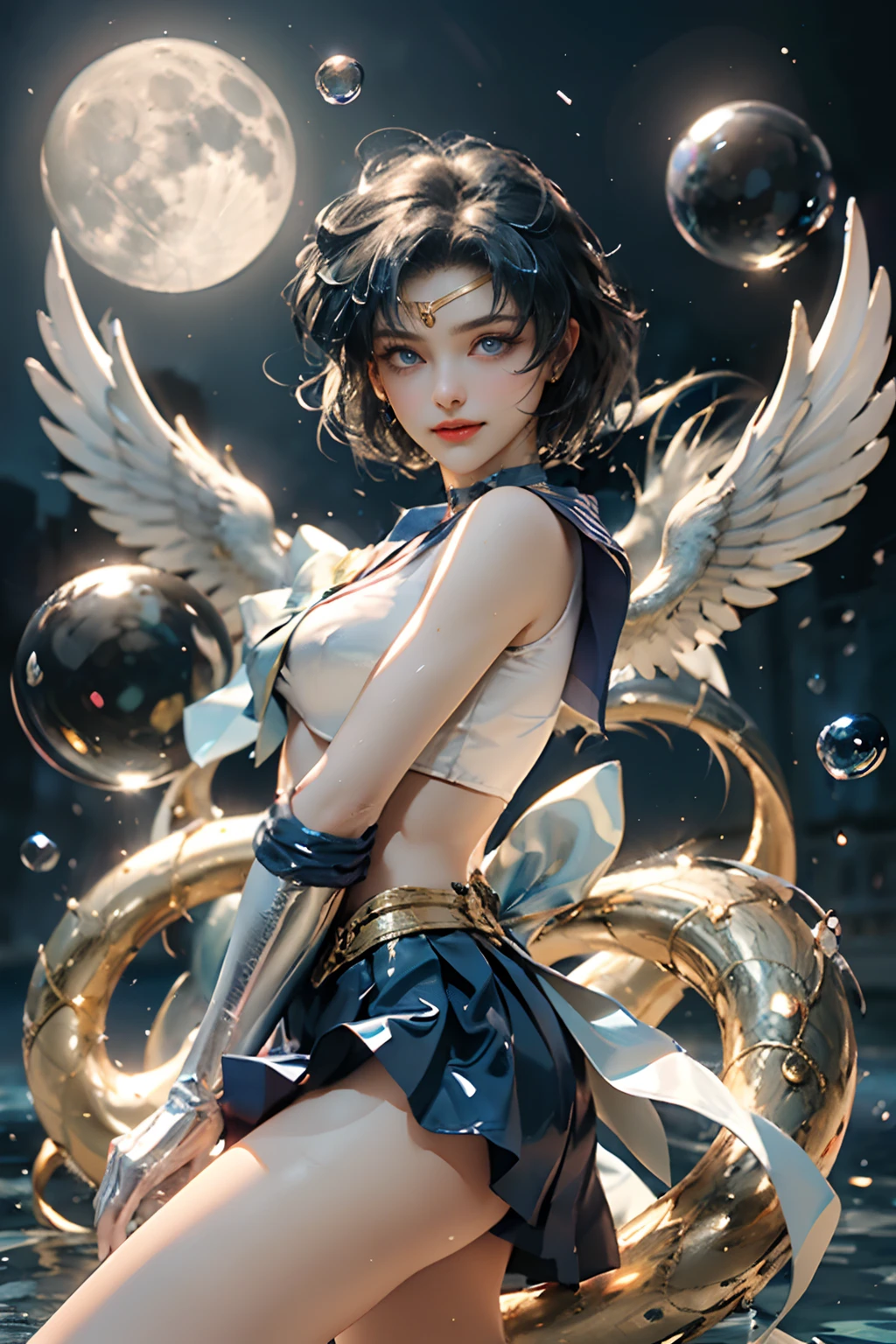 full: 1.3, Stand, Masterpiece, 。.3D, Realistic, Ultra-micro photo, Top quality, Ultra detailed CG Unity 8K wallpaper, (mer1, head gear, Sailor senshi uniform, White gloves, Blue sailor collar, Blue skirt, Sailor senshi uniform: 1.2, Sailor Mercury: 1.3, Meshauonf), From below, Intricate details, (1 woman), 19 years old, Short hair, floating short blue hair: 1.2, Apparently a sailor Chiseki uniform, Sexy pleated miniskirt in shiny blue: 1.3, ((The blue bow in the center of the chest is very large: 1.3, Gold headdress on the forehead: 1.2, Wear blue gloves on your elbows: 1.2, Bare upper arm: 1.1, Shiny blue enamel long knee-high boots,Decorated with luxurious gold accents: 1.3, Saturated wide blue collar, Saturated blue sailor color, White latex long gloves,Decorated with luxurious gold accents: 1.3, Very large blue bow at the back of the waist: 1.1, Blue choker, Looks sexy and bold: 0.6)), (Very slim fit high-gloss white holographic leather: 1.3), Bold sexy slender tall gravel swimsuit, Blue star piercing, Parted bangs, ((Seductive smile, very pretty look face, Face details: 1.5, Bright blue eyes, Beautiful face, Beautiful eyes, Shiny eyes, Thin lips: 1.3, Thin, sharp pale eyebrows, long dark eyelashes, Double lashes)), Luxury gold jewelry, (Fighting posture), Huge splash wings, musculous, muscle abs, Small face, Huge chest, Perfect proportions, Thin waist, sexy model pose, Visible pores, Perfect hands: 1.5, Octane rendering, Very dramatic image, Intense natural light, Sunlight, exquisite lighting and shadows, Dynamic Angle, Digital SLR harp, Focus: 1.0, Maximum clarity and sharpness, (Water god: 1.1, Splash space background, Dynamic water background, Water Man: 1.2, Water feathers, water bubbles, Dynamic frames, Mercury, Moonlight, Moon, Dynamic background, detailedbackground))