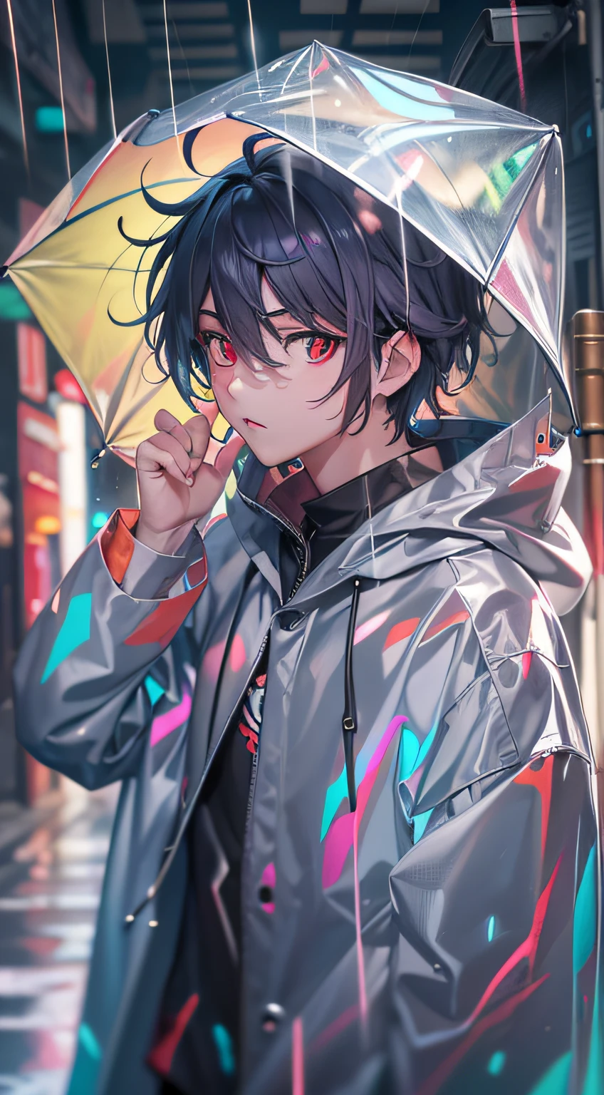 best quality, more details, mastery, 1boy, portrait, male focus, red eyes, solo, bangs, looking at viewer, hood, short hair, Anime man standing in rain in raincoat, illustration iridescent, magically glowing, shiny colorful, holograph, By Yuumei, Anime art wallpaper 8 K, Guviz-style artwork, Anime art wallpaper 4k, Anime art wallpaper 4 K, man in raincoat, Beautiful anime artwork, Digital anime art, Guviz