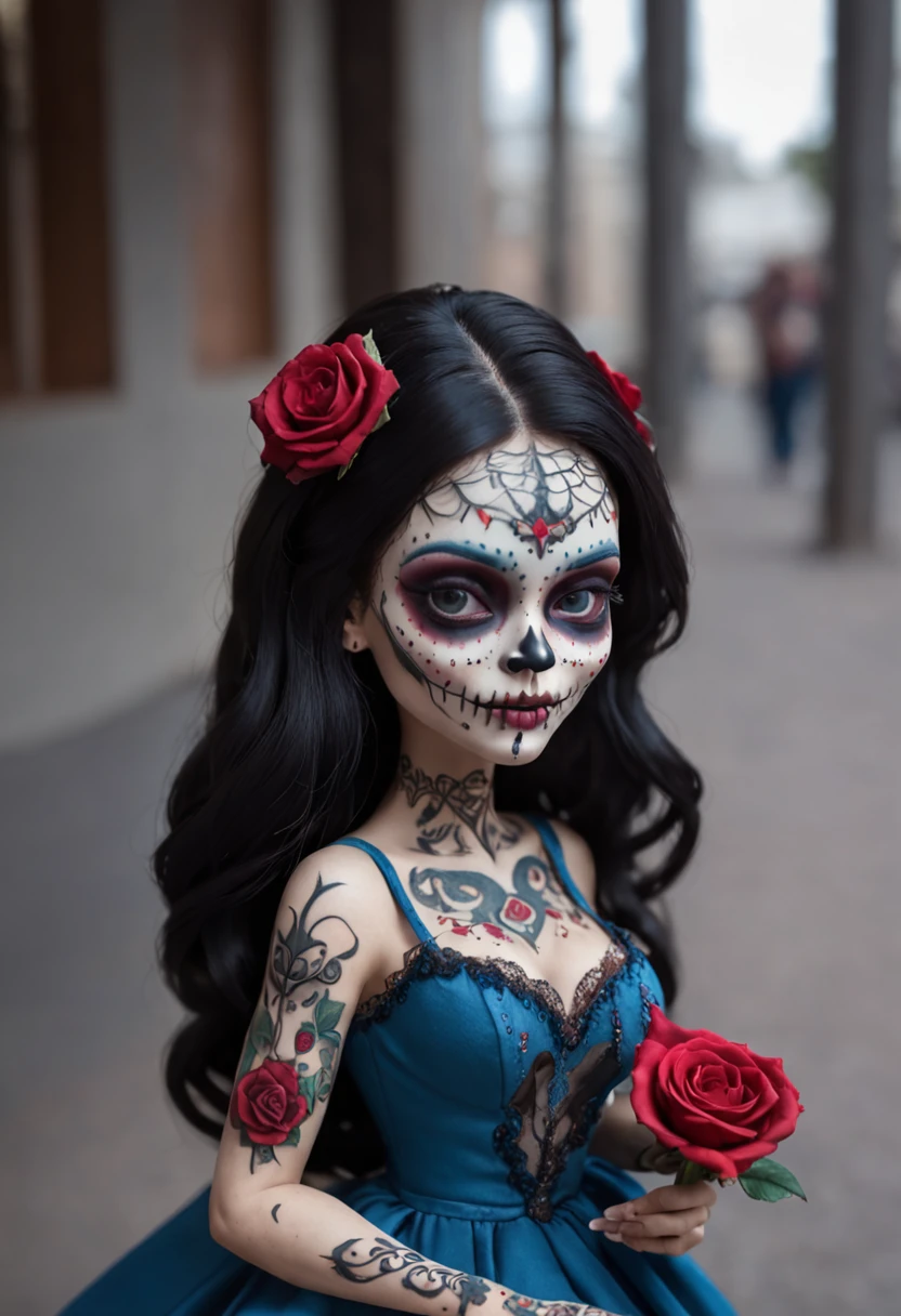 A Colored Tattoo Art Masterpiece, Chibi La  Catrina Doll, Black hair, creepy smiling, Blue Dress, Blood and roses, in a western Mexican Street, detailed and Intrincicated, HD, isometric fractal Bioluminicense
