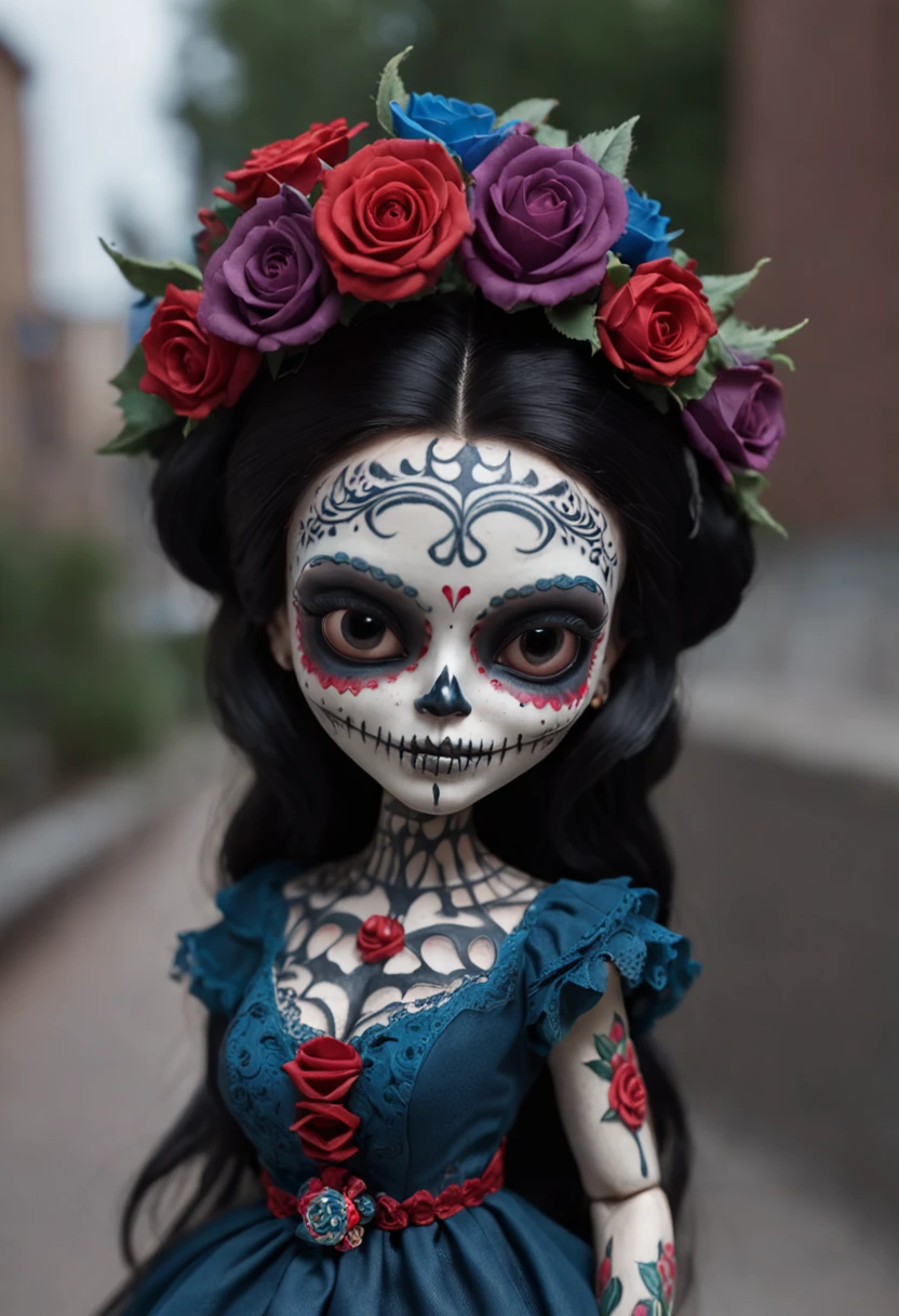 A Colored Tattoo Art Masterpiece, Chibi La  Catrina Doll, Black hair, creepy smiling, Blue Dress, Blood and roses, in a western Mexican Street, detailed and Intrincicated, HD, isometric fractal Bioluminicense