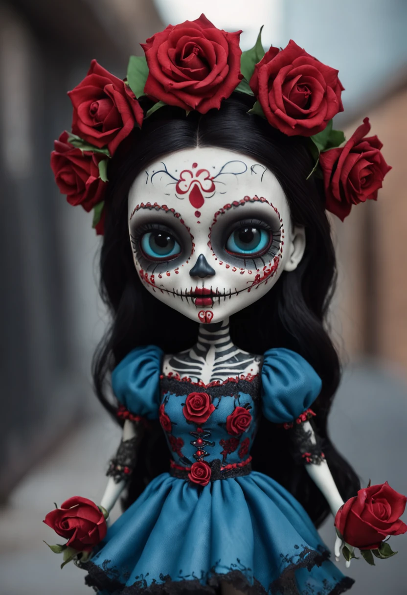 A Colored Tattoo Art Masterpiece, Chibi La Catrina Doll, Black hair, creepy smiling, Blue Dress, Blood and roses, in a western Mexican Street, detailed and Intrincicated, HD, isometric fractal Bioluminicense