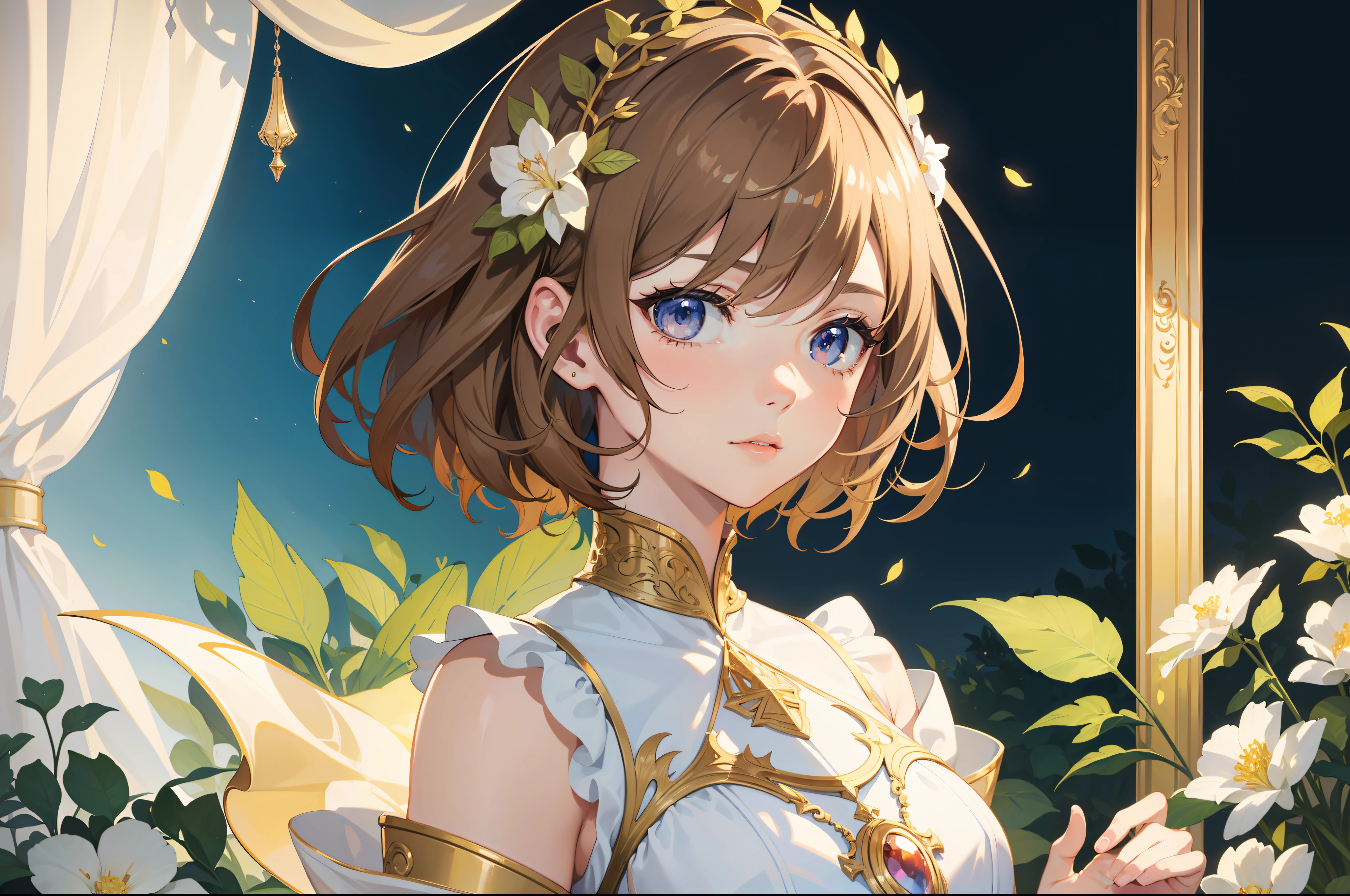 Official Art, Masterpiece European female face,elvish, short hair, lightbrown hair , brown eyes , Flower Frame ,Decorative panel , jugendstil , (masterpiece、top-quality、hight resolution: 1.4),in 8K, Drawing of a woman with short lightbrown hair, Anime Art Nouveau, highly detailed exquisite fanart, anime fantasy illustration, clean detailed anime art, detailed anime art, Sharp Focus, Delicate Beautiful Hair and Eyes and Face, realisitic, ultra-detailliert, a beauty girl, fairy