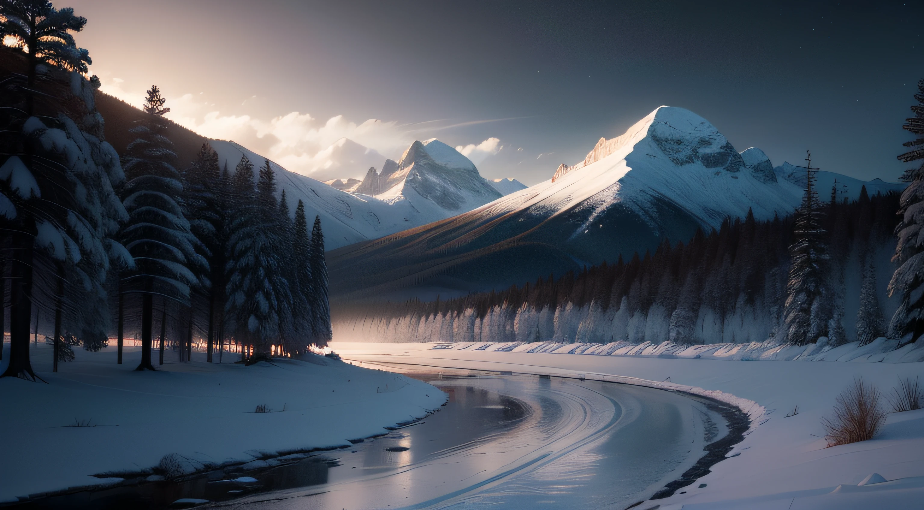 "(paisagem escura, misteriosa e bela, soft-lighting, muitos tons de preto, montanha com neve)"