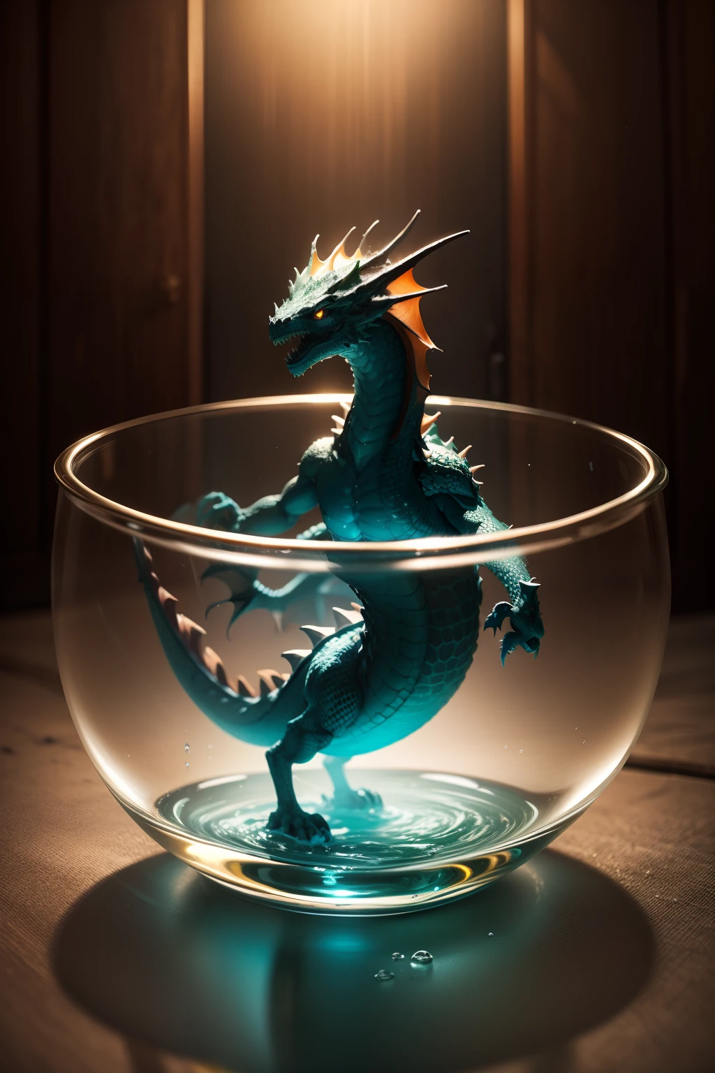 Dragon made of water in a glass bowl