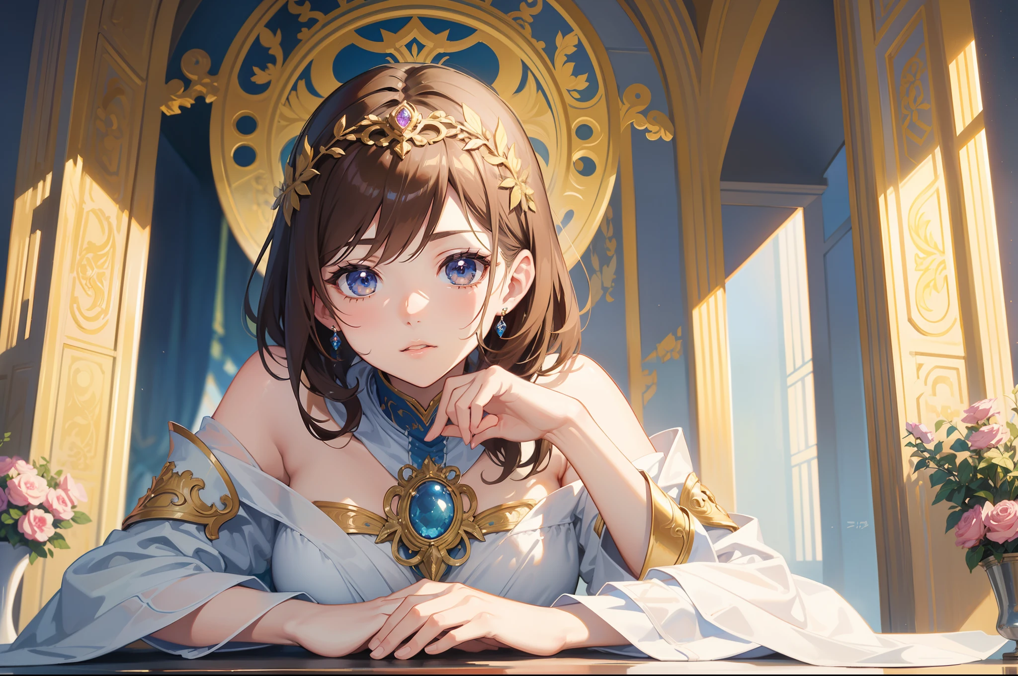 Official Art, Masterpiece European female face,elvish, short hair, lightbrown hair , brown eyes , Flower Frame ,Decorative panel , jugendstil , (masterpiece、top-quality、hight resolution: 1.4),in 8K, Drawing of a woman with short lightbrown hair, Anime Art Nouveau, highly detailed exquisite fanart, anime fantasy illustration, clean detailed anime art, detailed anime art, Sharp Focus, Delicate Beautiful Hair and Eyes and Face, realisitic, ultra-detailliert, a beauty girl,