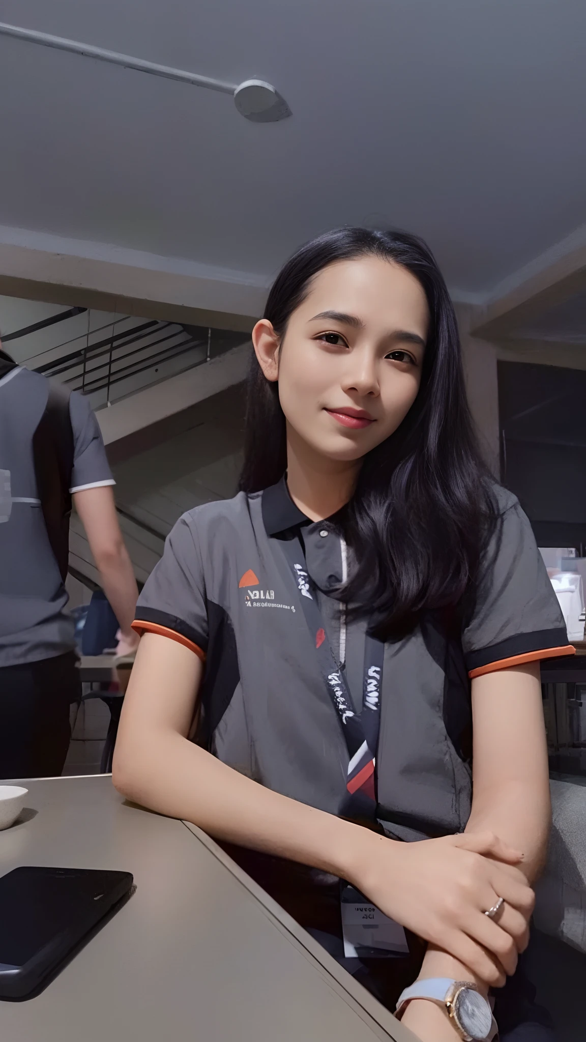 there is a woman sitting at a table with a cell phone, nivanh chanthara, student, sakimi chan, 18 years old, 1 6 years old, during sunrise, lily frank, taken in 2 0 2 0, serena malyon, with long hair, inspired by Ni Yuanlu, photo taken in 2 0 2 0
